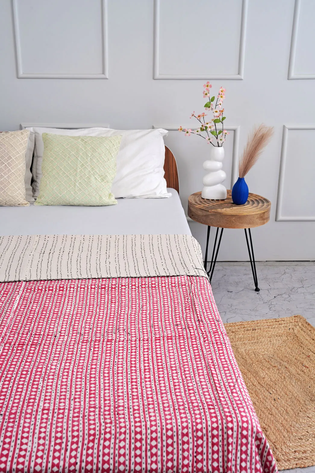 Minimalist Printed Diamond Queen Kantha Quilt