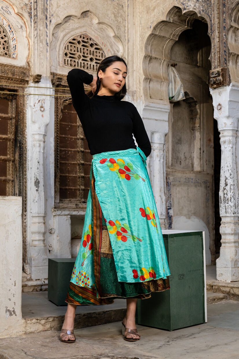 Silk Sari Long Wrap Skirt - Blue