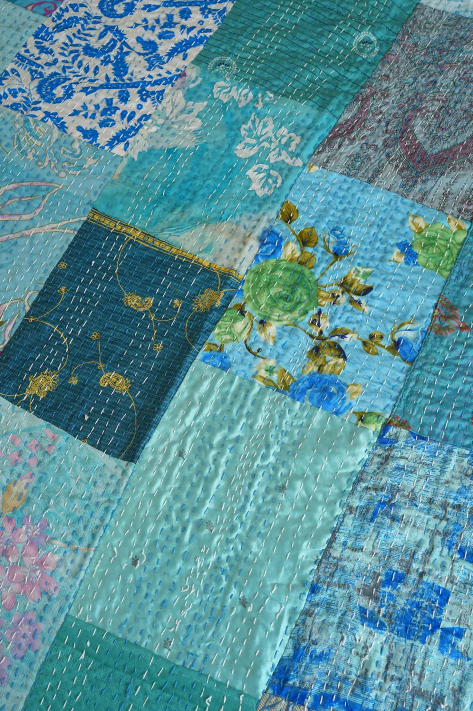 Luxe Silk Patchwork Turquoise Kantha Quilt