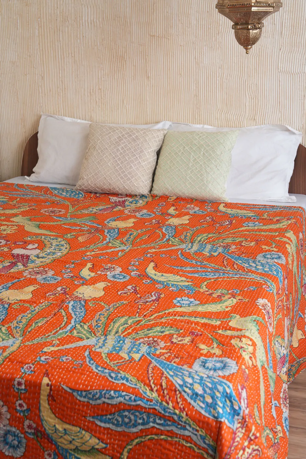 Peacock Kantha Quilt - Orange