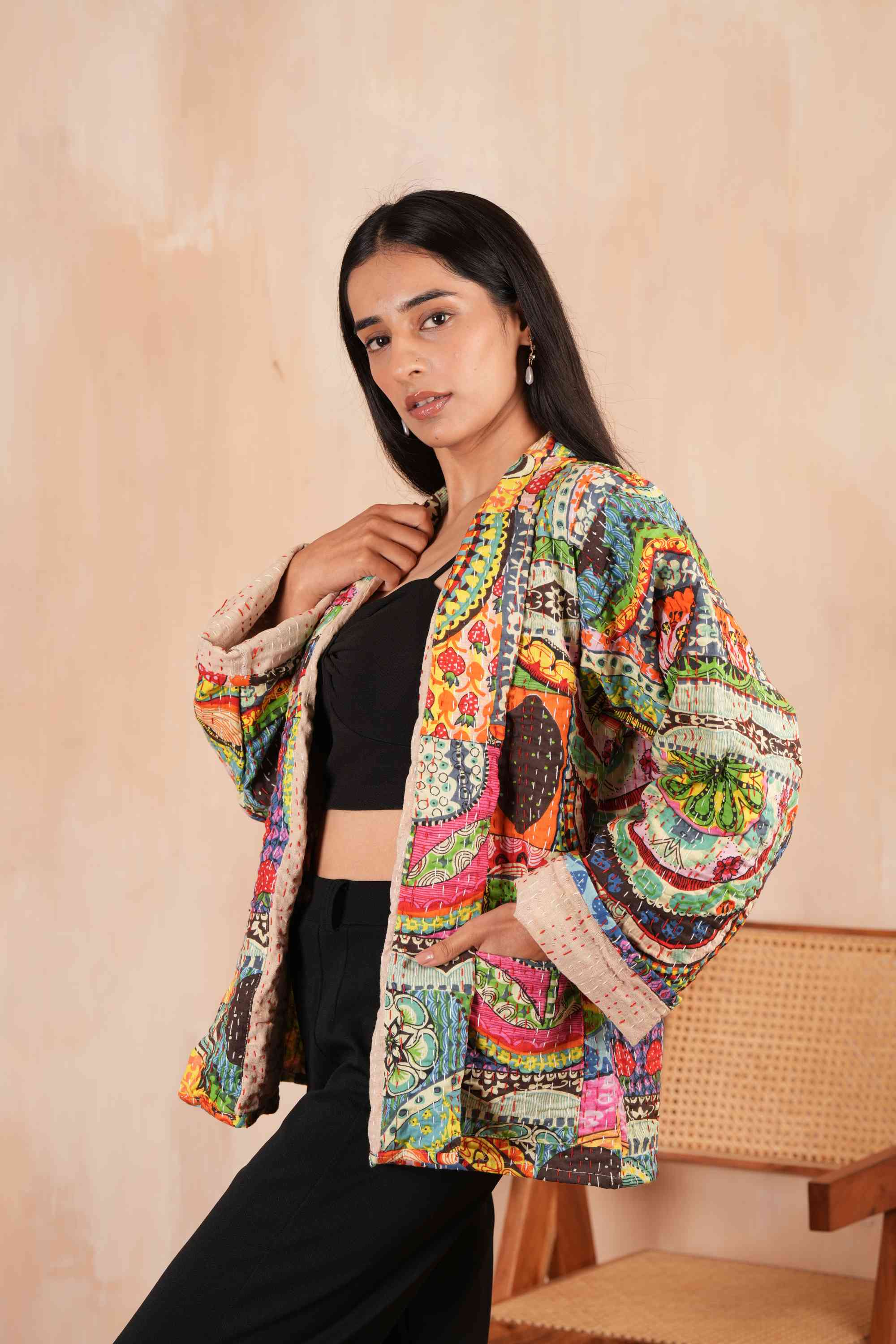 Strawberry Field Patchwork Printed Cotton Kantha Jacket