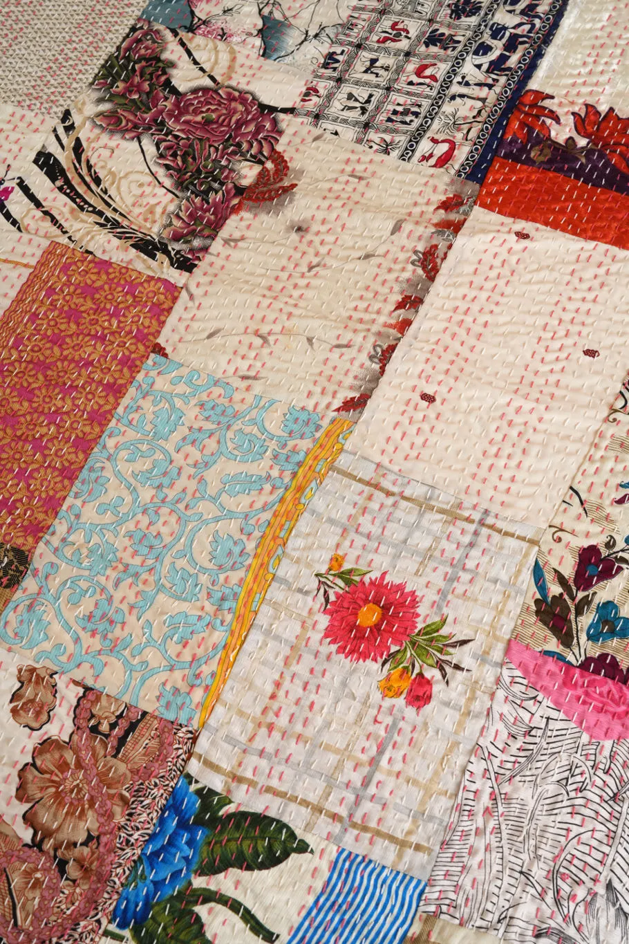 Bohemian Patchwork Silk Kantha Bedspread