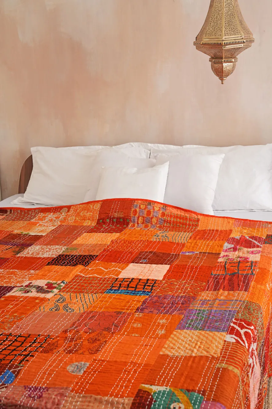 Silk Patchwork Orange Patola Kantha Bedspread