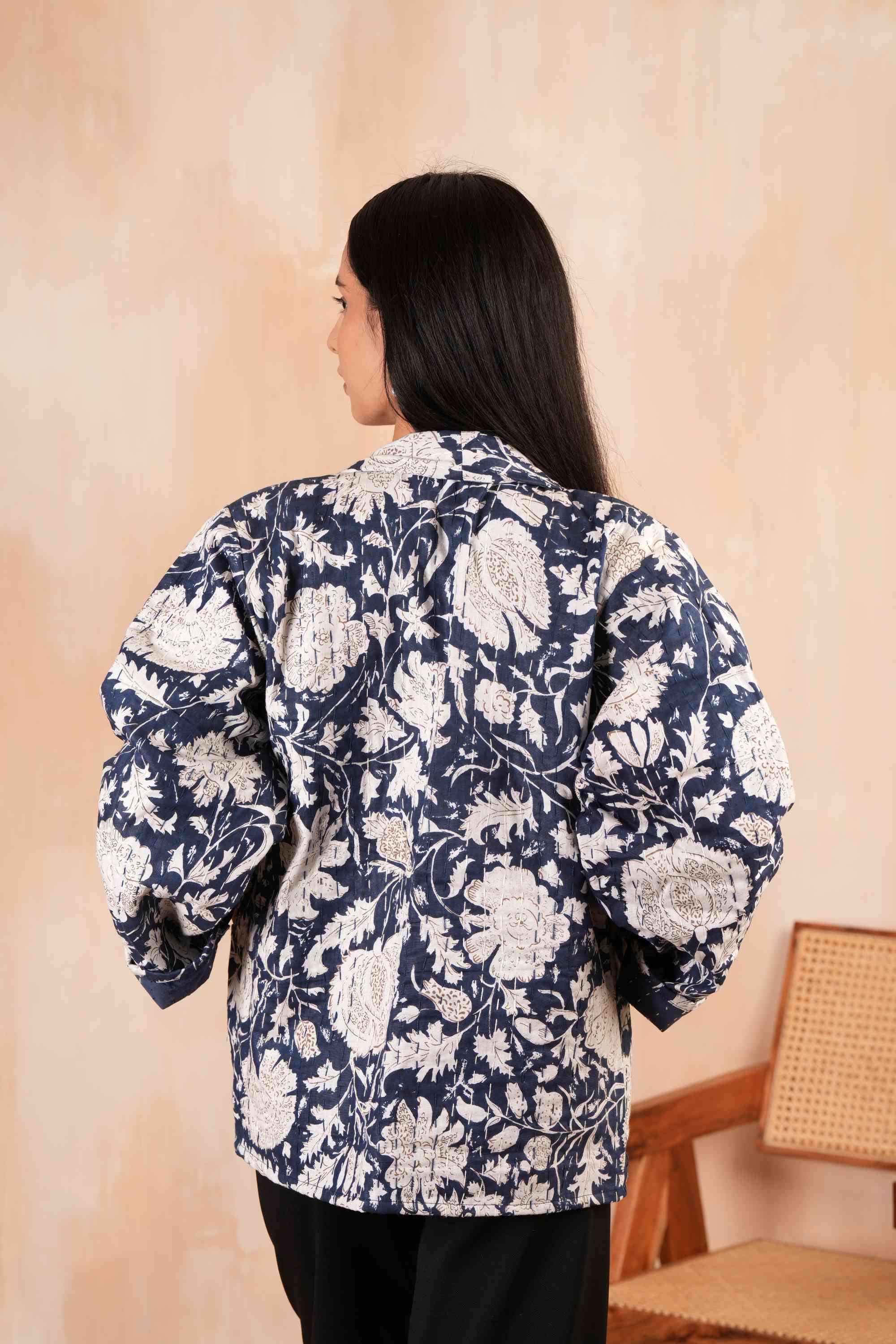 Handmade Blue Cotton Leafy Kantha Jacket