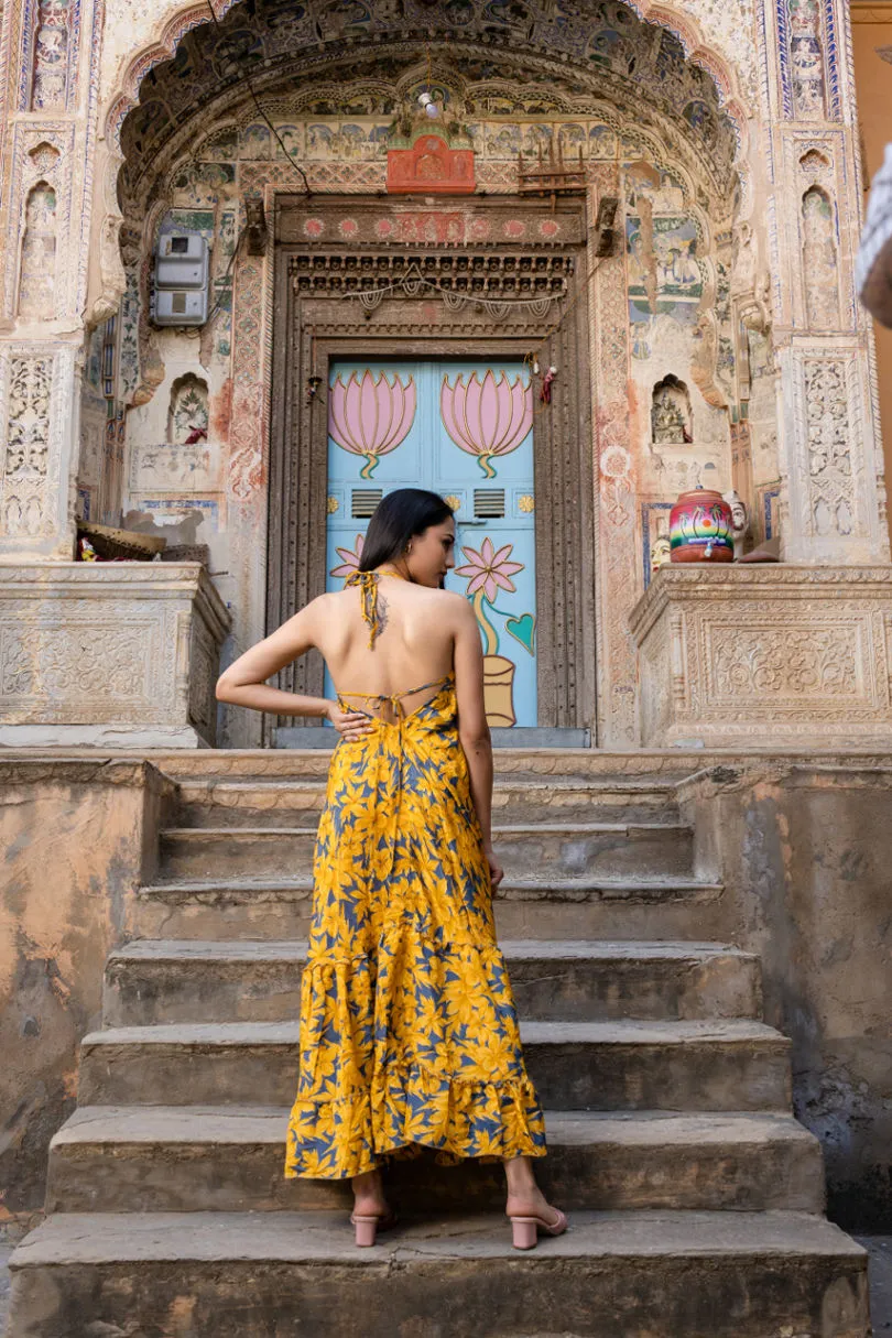 Yellow Silk Sari Printed Halter Backless Maxi Dress