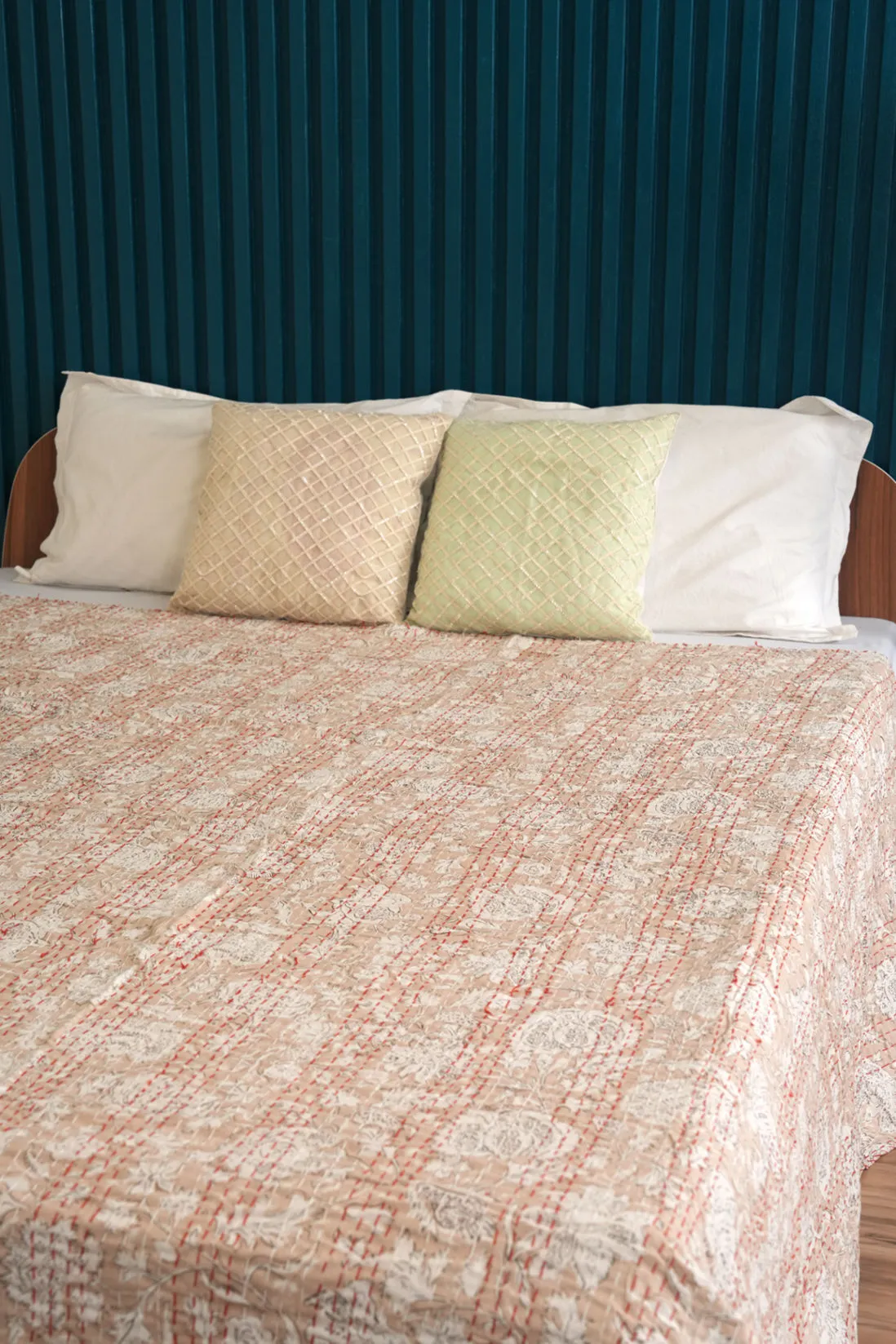 Beige Minimal Printed Kantha Quilt