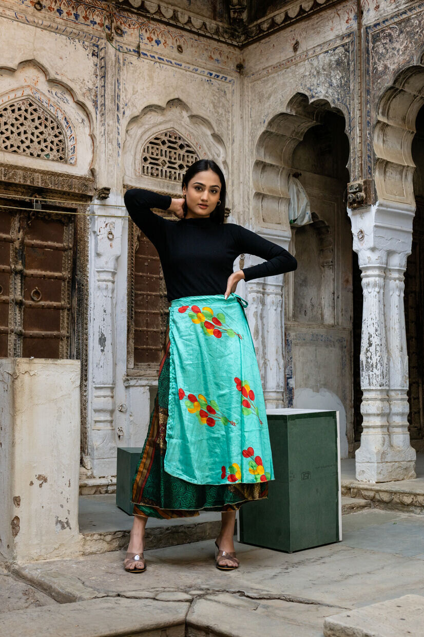 Silk Sari Long Wrap Skirt - Blue