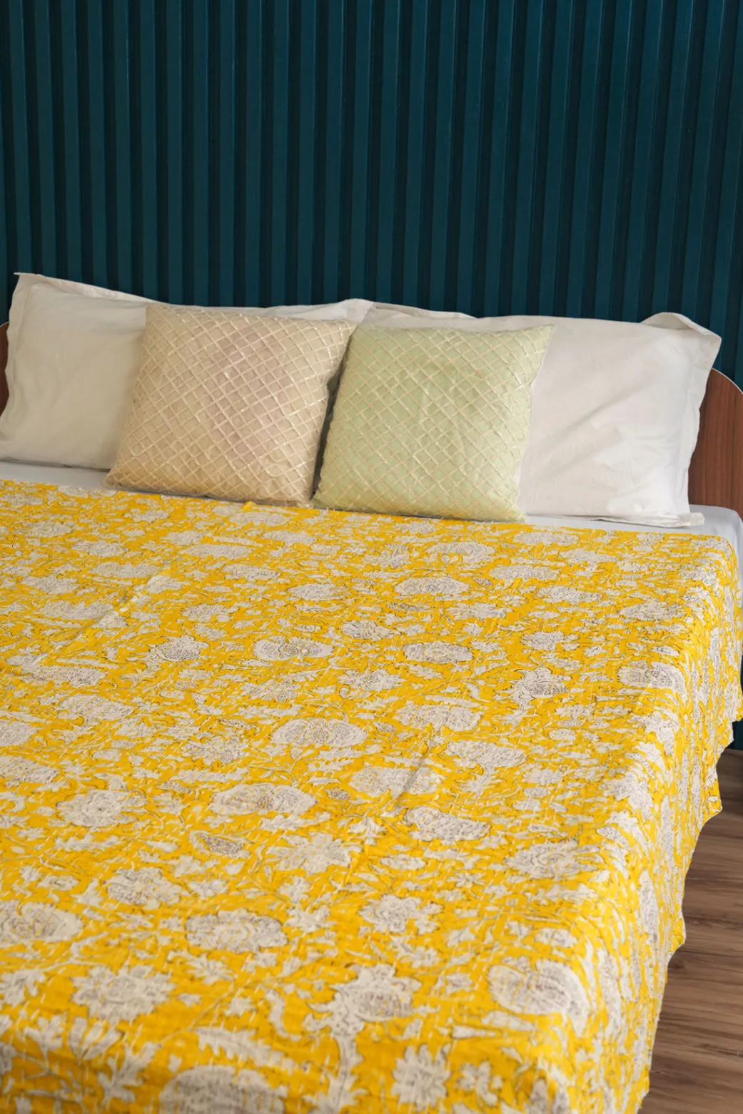 Yellow Minimalist Cotton Kantha Quilt