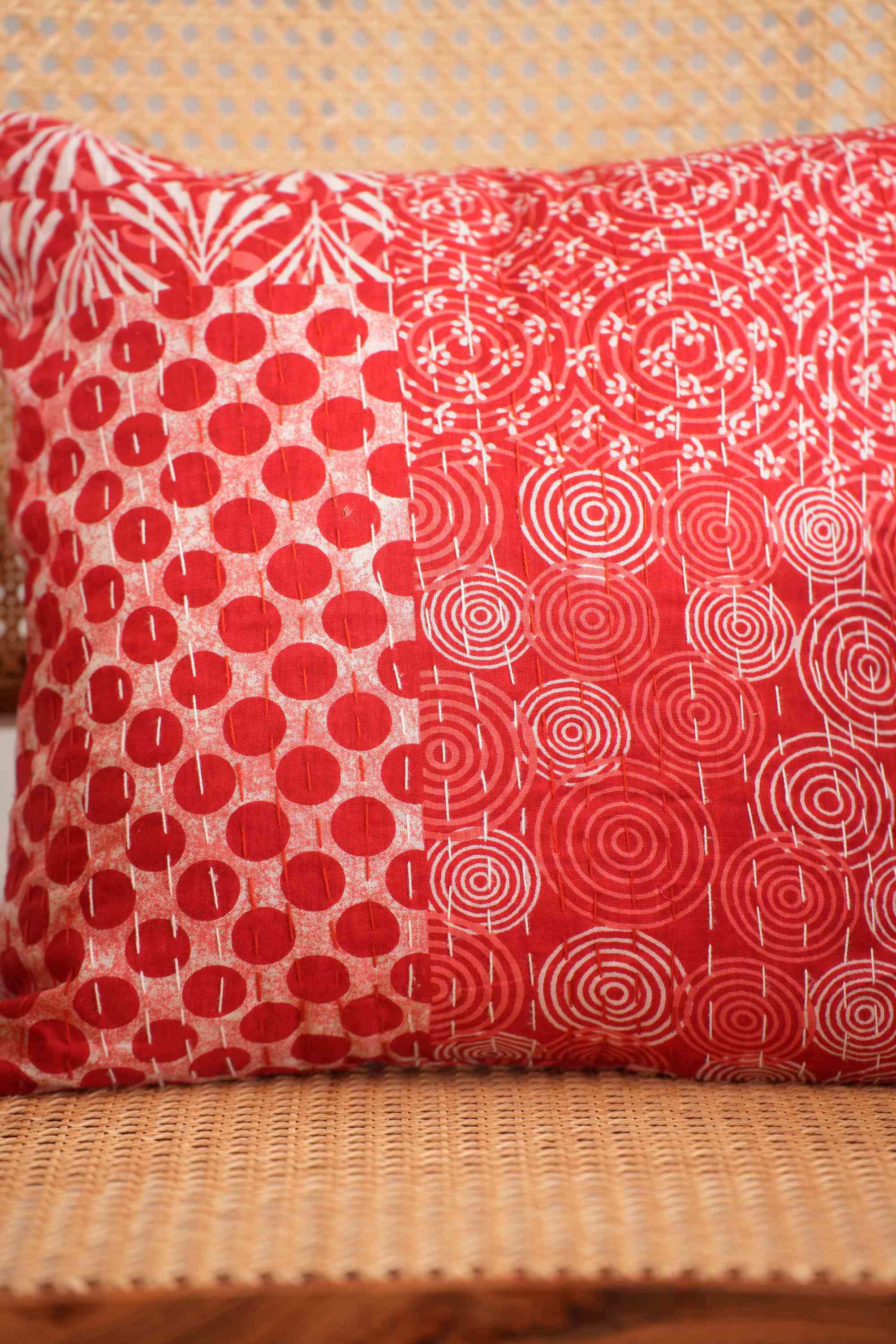 Handmade Cotton Patchwork Kantha Cushion Cover Red