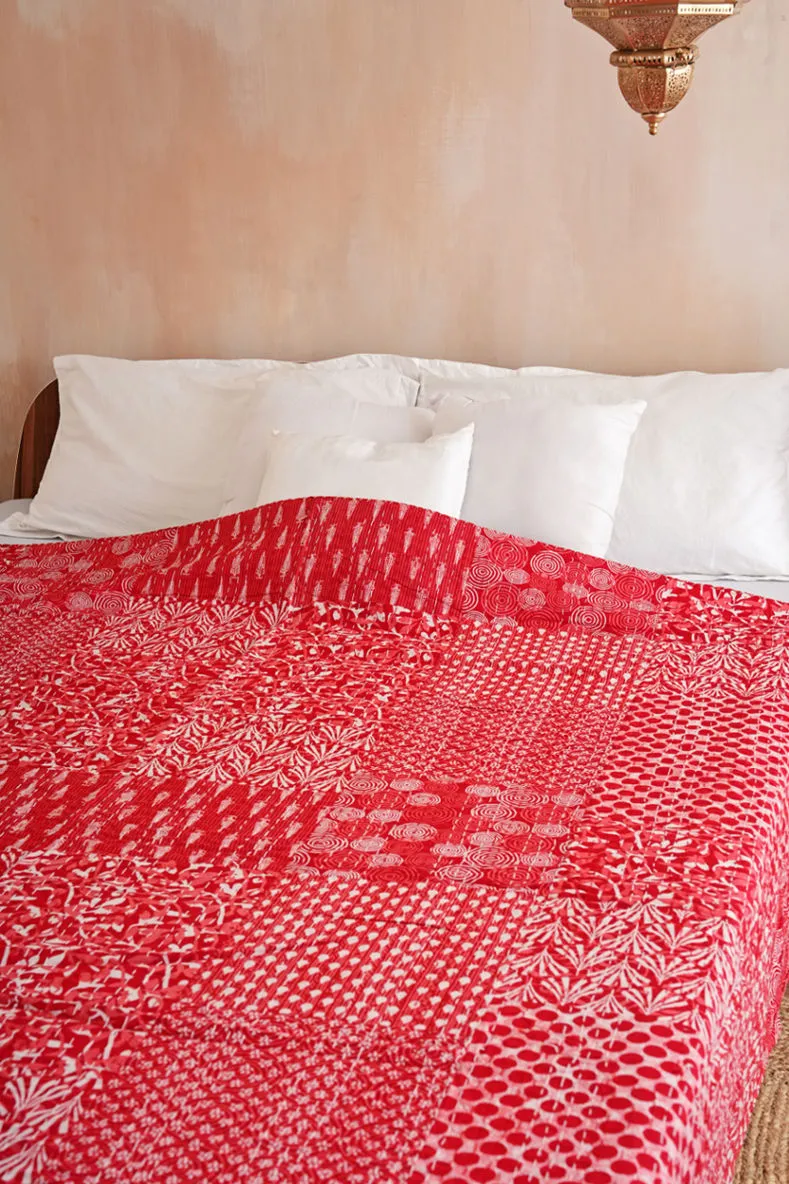 Red Patchwork Field Cotton Kantha Quilt