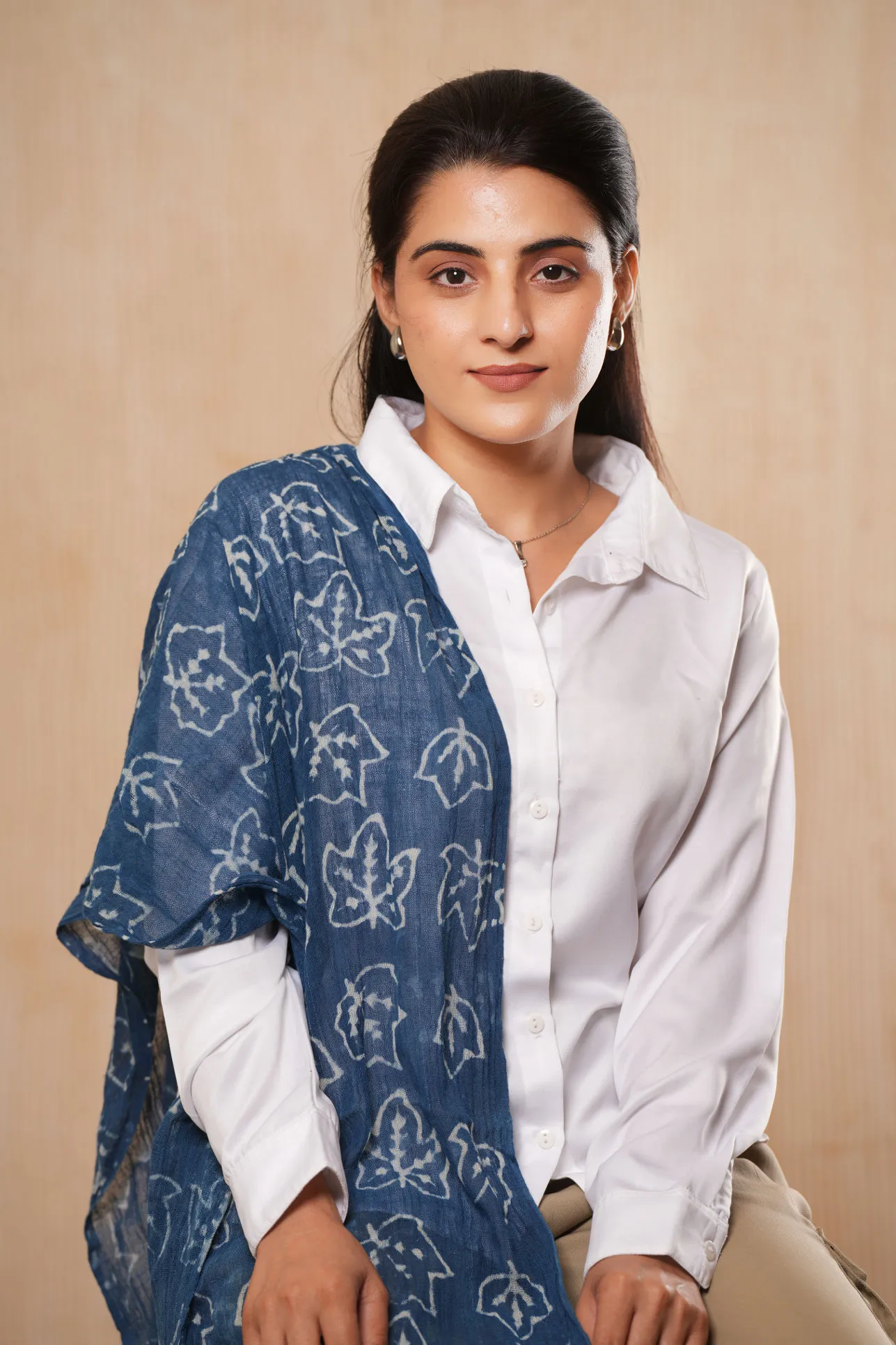 Indigo Blue Block Printed Cotton Scarf - #D1