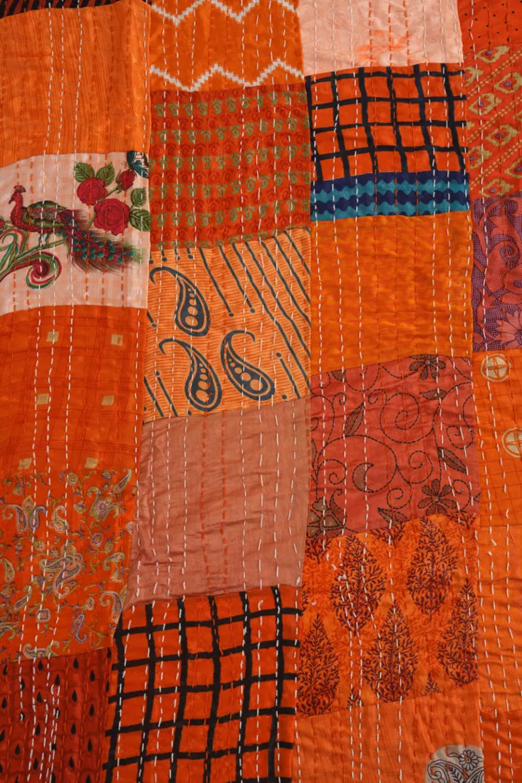 Silk Patchwork Orange Patola Kantha Bedspread