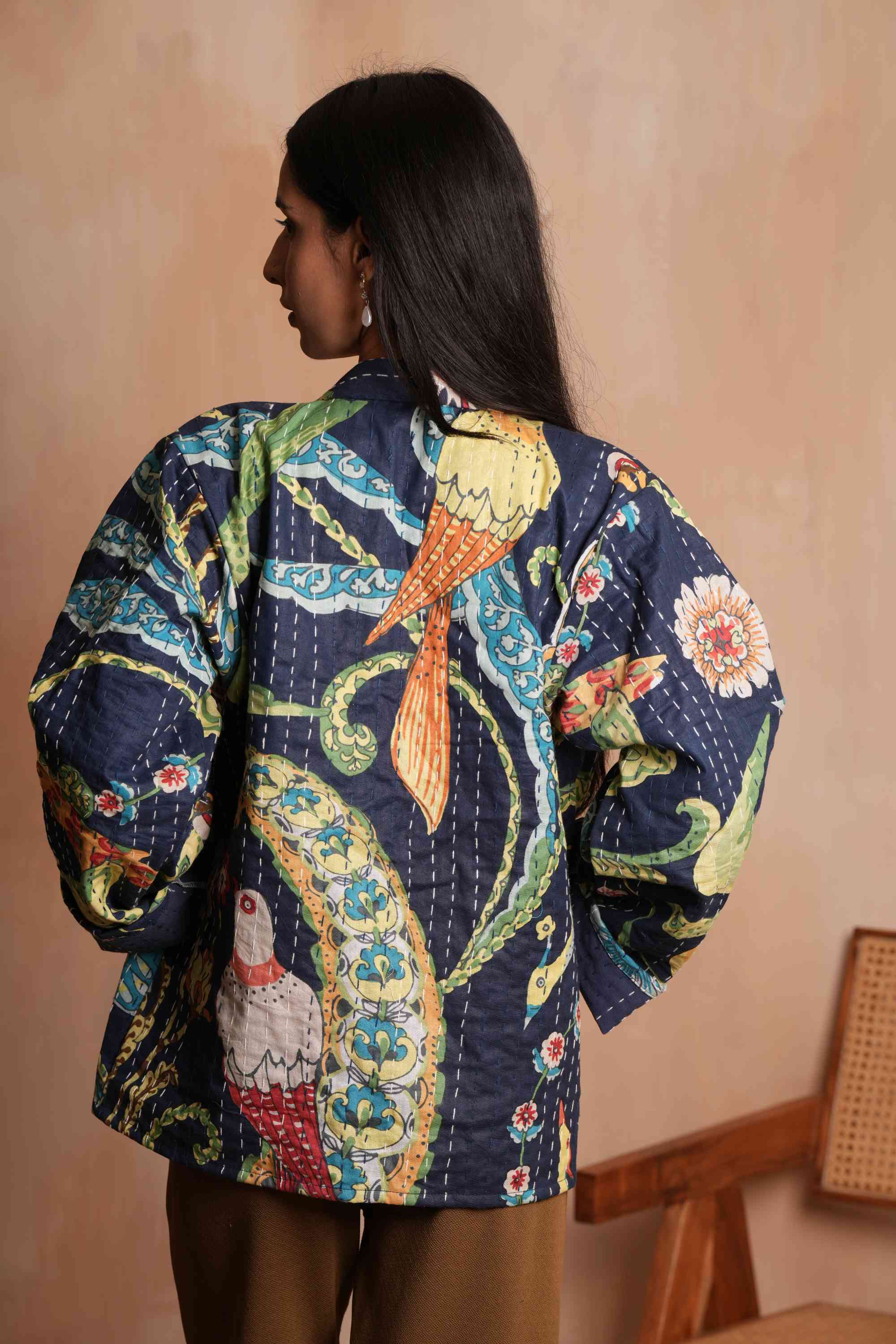 Blue Peacock Cotton Kantha Jacket