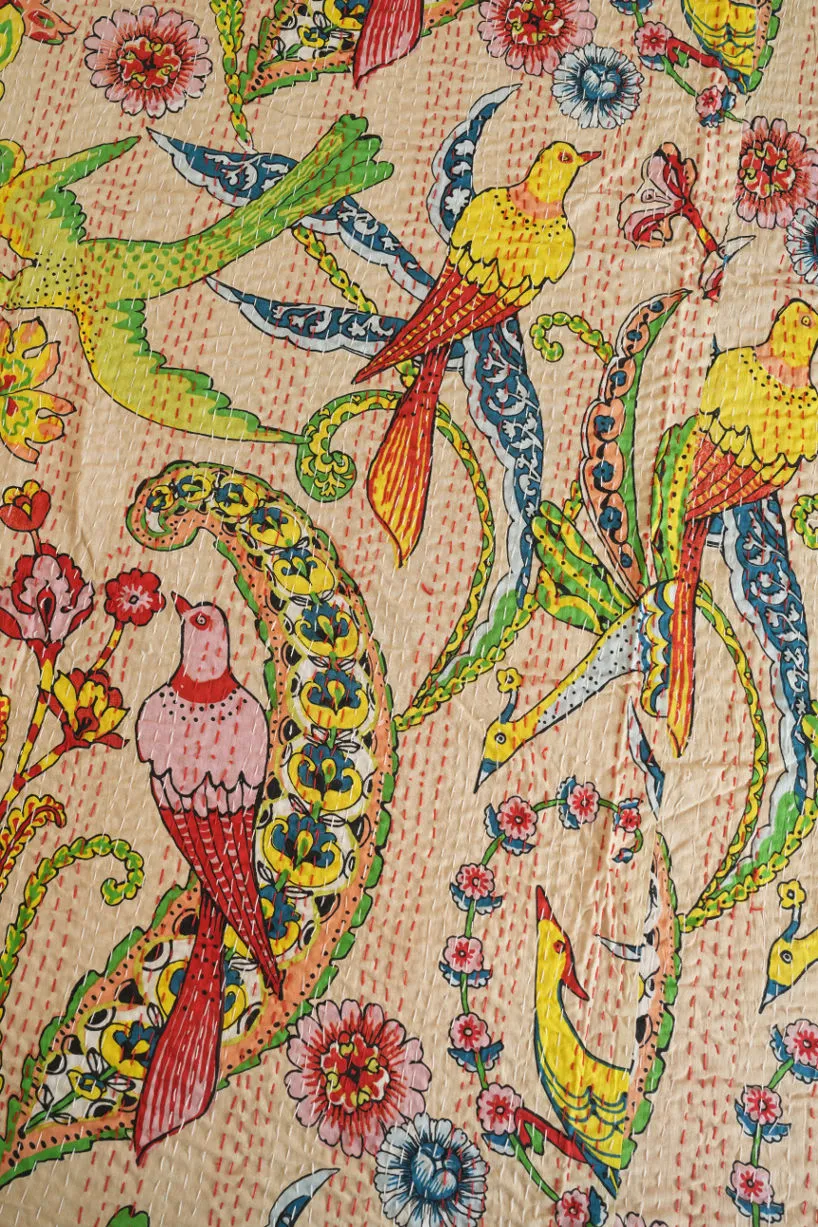 Peacock Kantha Quilt - Beige