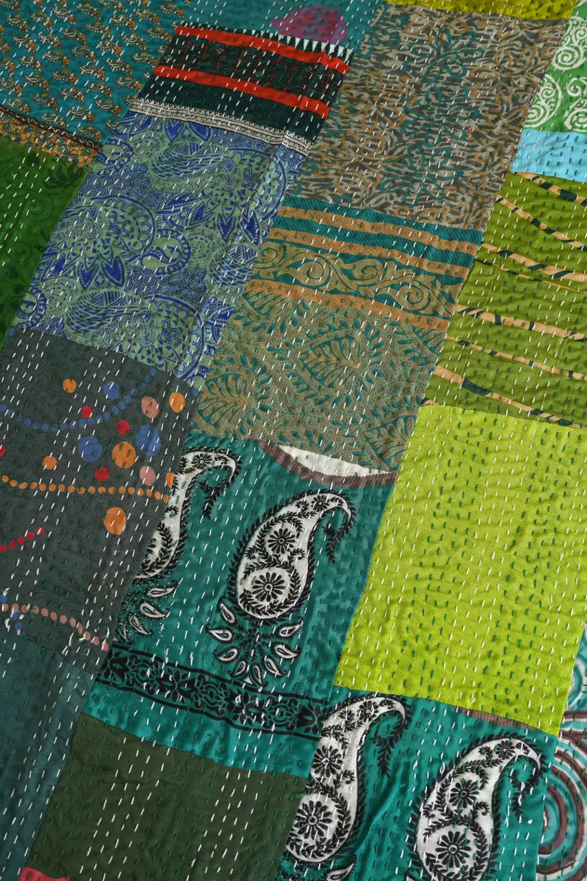 Green Patchwork Silk Kantha Bedspread