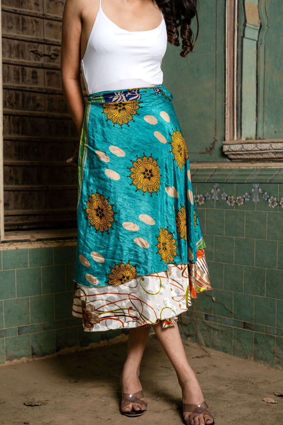 Floral Silk Sari Wrap Skirt - Tea Lenght