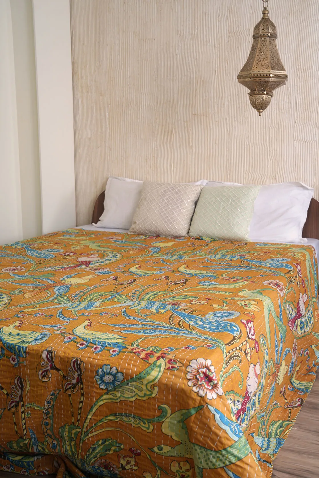 Peacock Kantha Quilt - Mustard Yellow