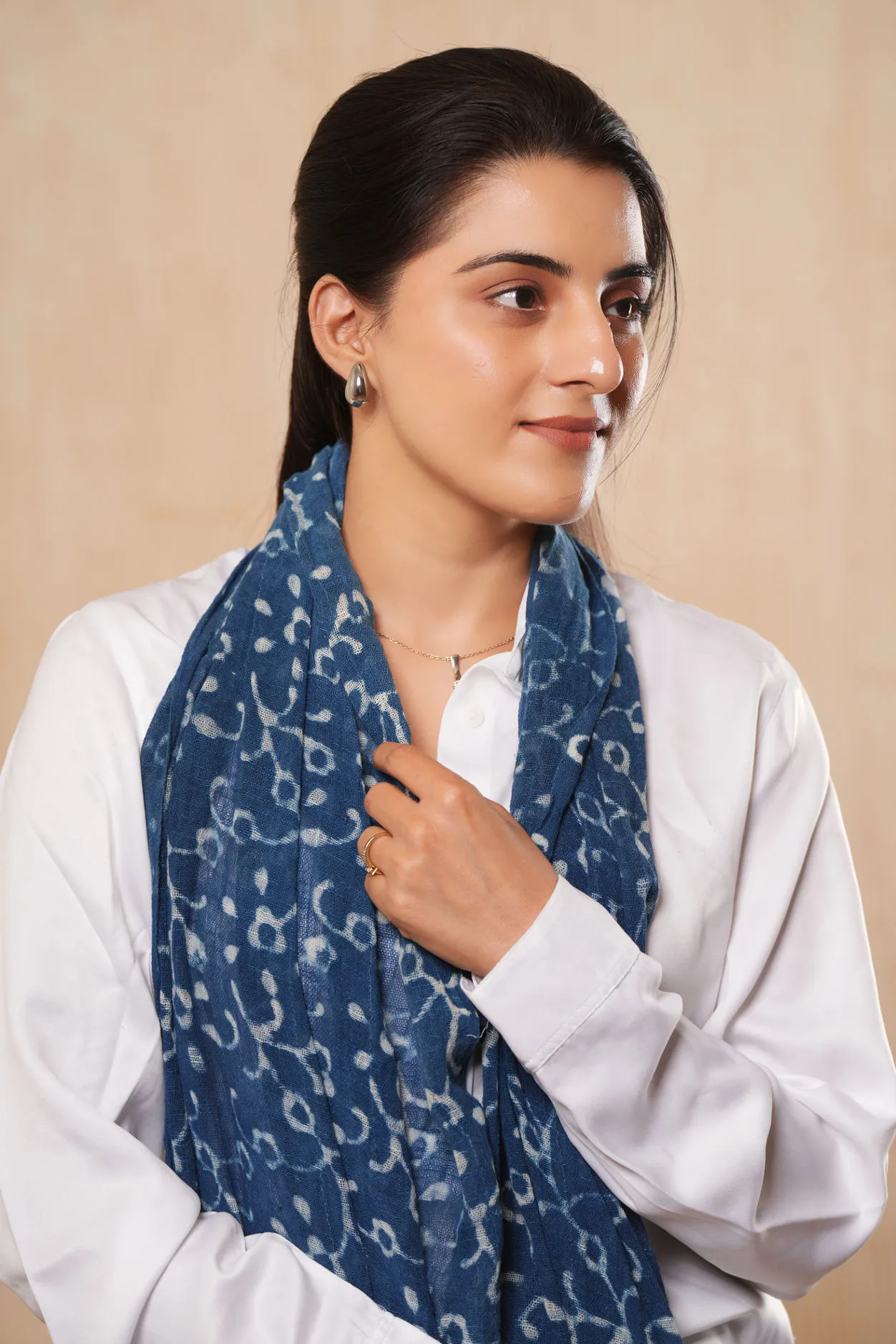 Indigo Cotton Dabu Printed Handmade Scarf Stole - #D4