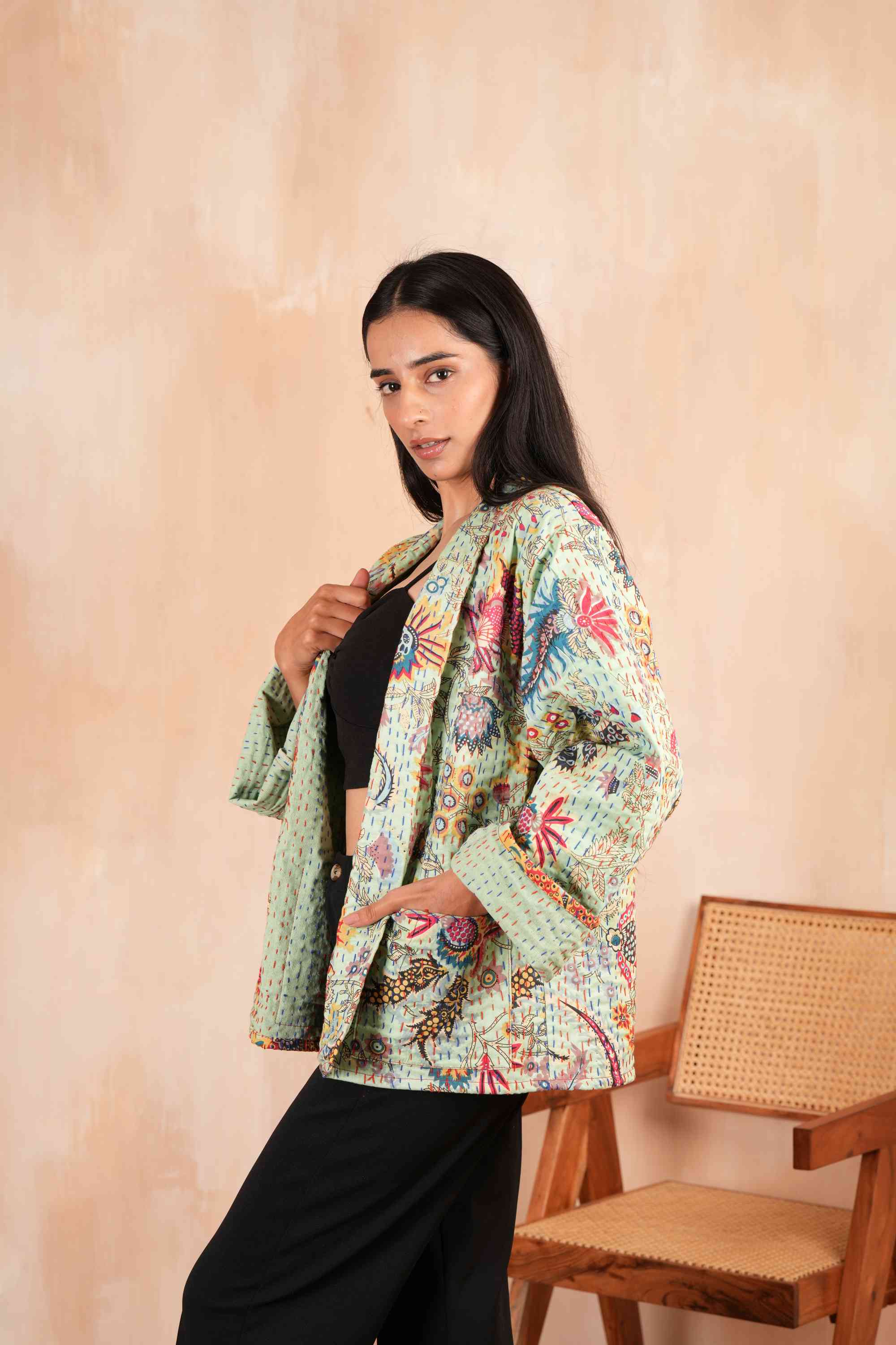 Handmade Green Wildflower Kantha Jacket