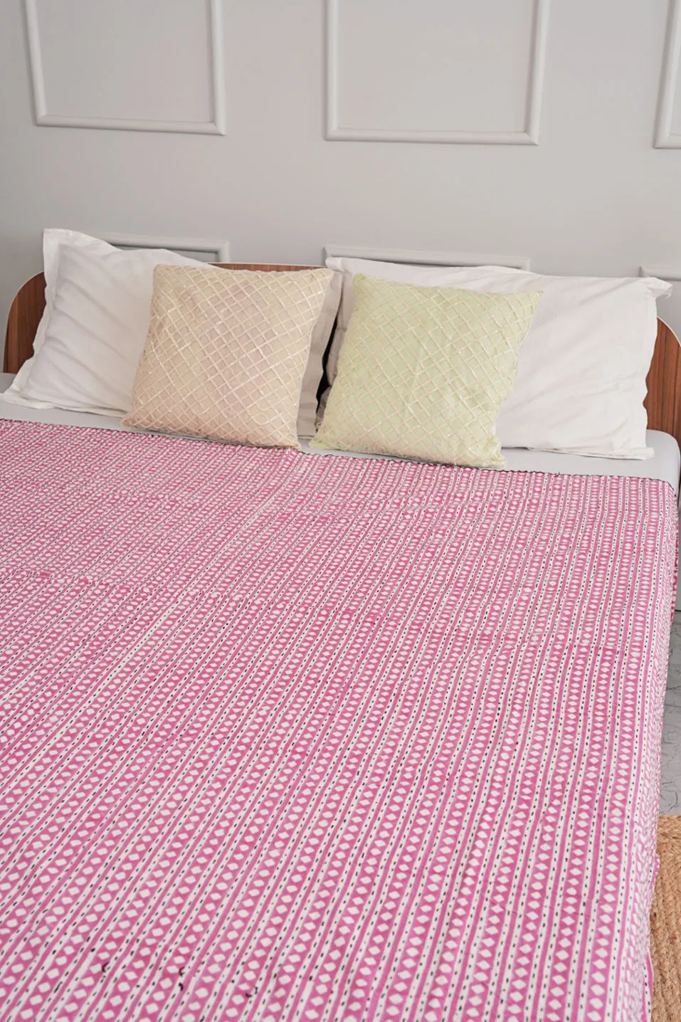 Kantha Quilt Hand-Block Diamond Printed Pink