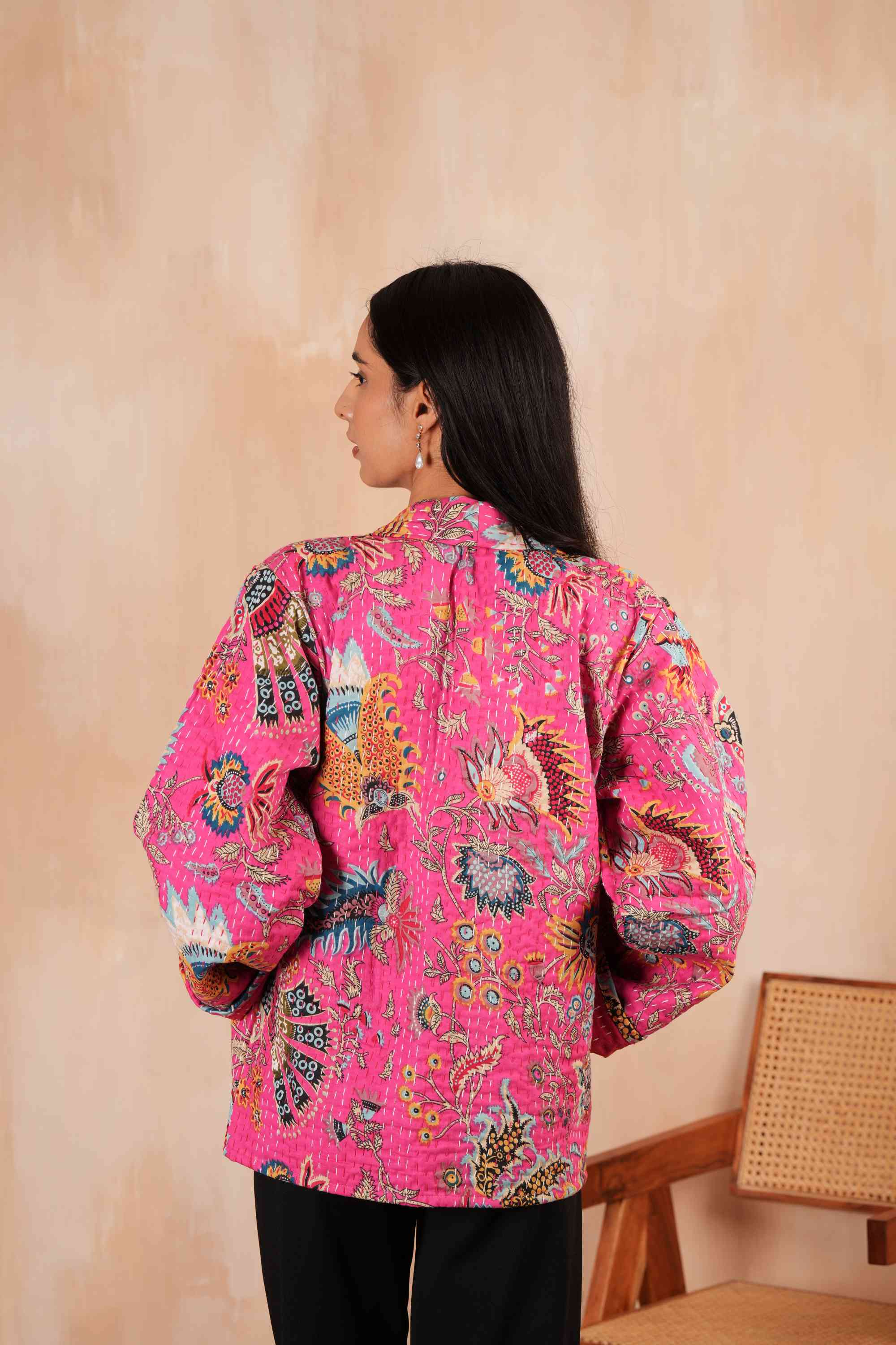 Floral Cotton Kantha Jacket - Pink