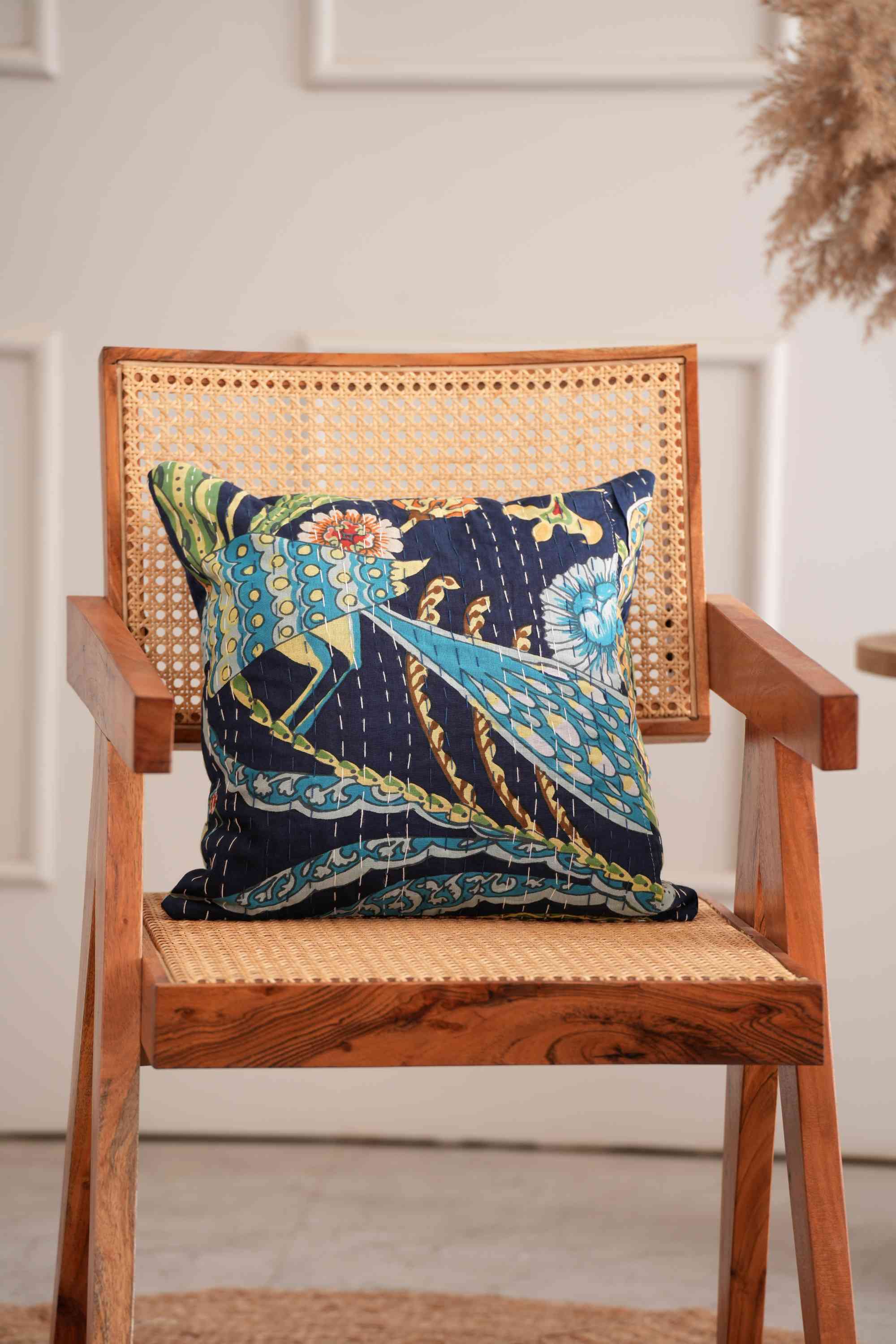 Handmade Cotton Sparrow Printed Kantha Cushion Cover Blue