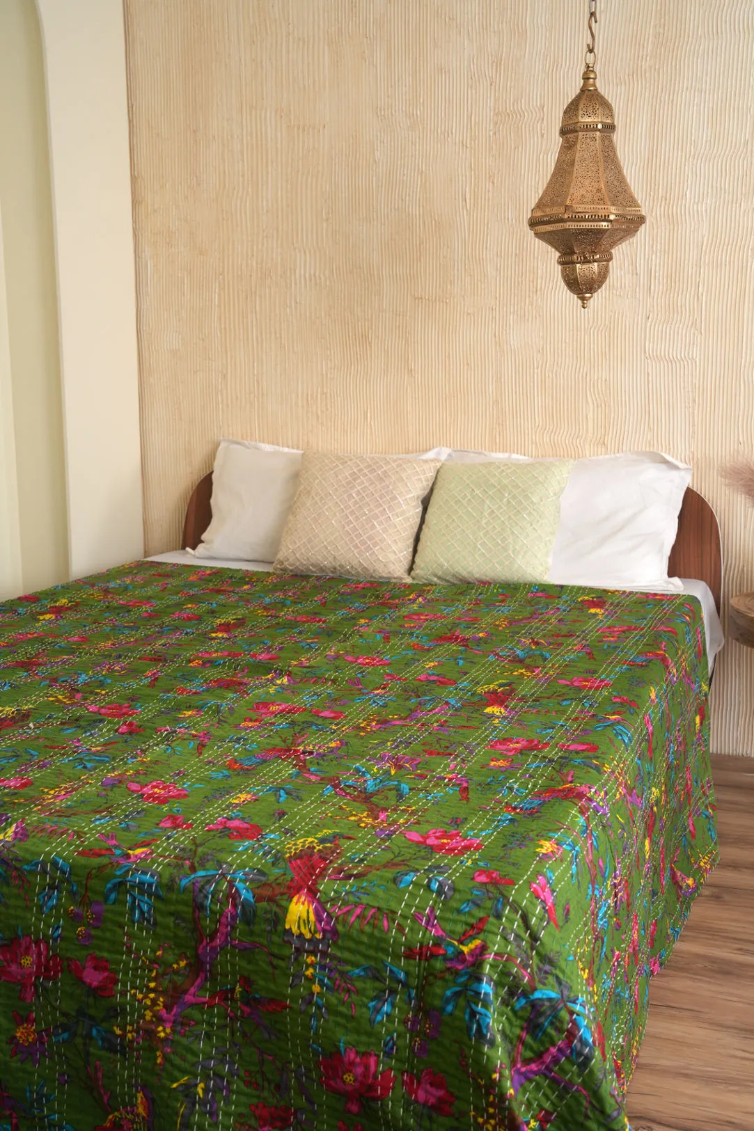 Handmade Green Kantha Quilt with Birds and Flowers, Indian Bedspread, Floral Bed Cover, Unique Home Decor