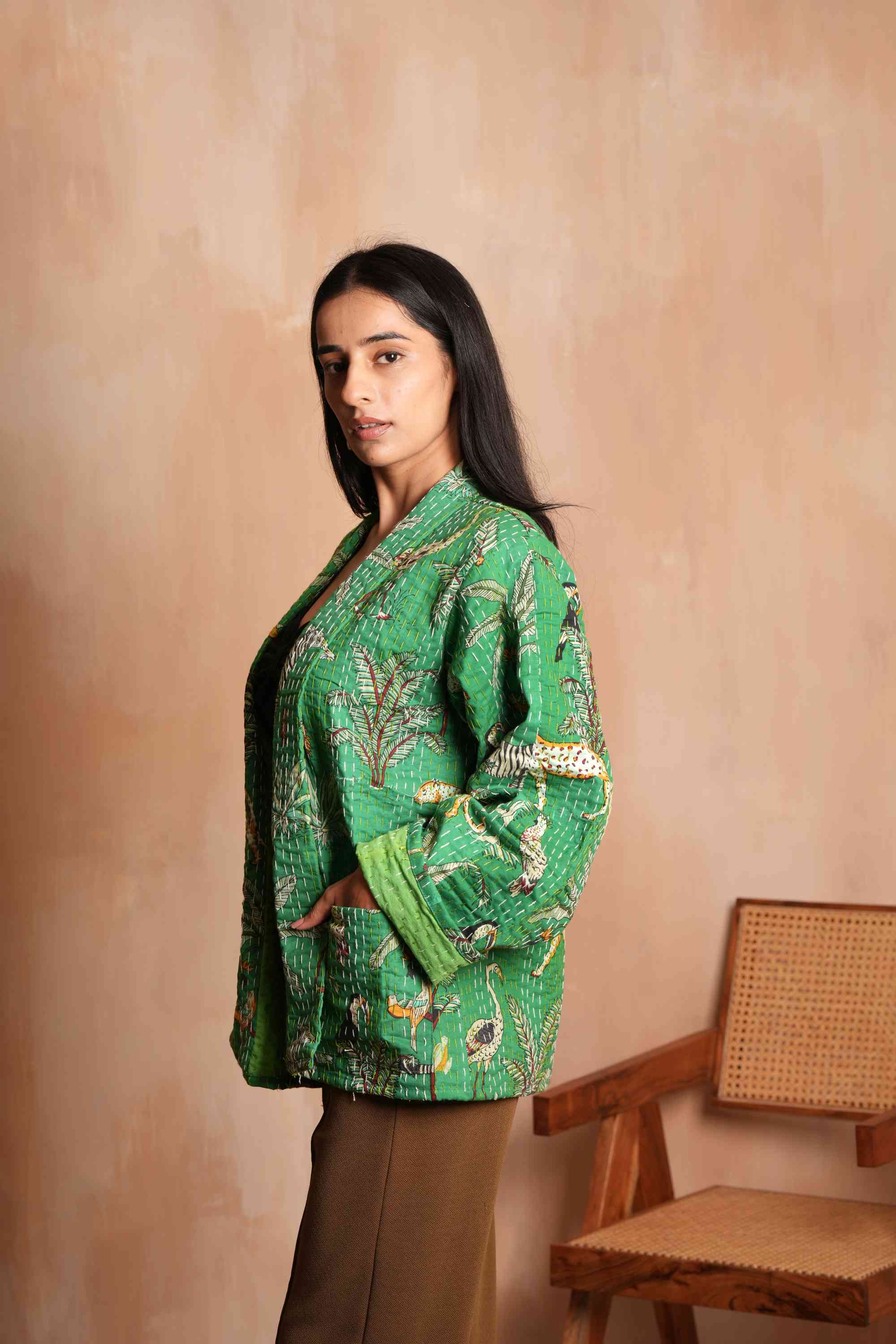 Handmade Jangal Cotton Kantha Jacket Green