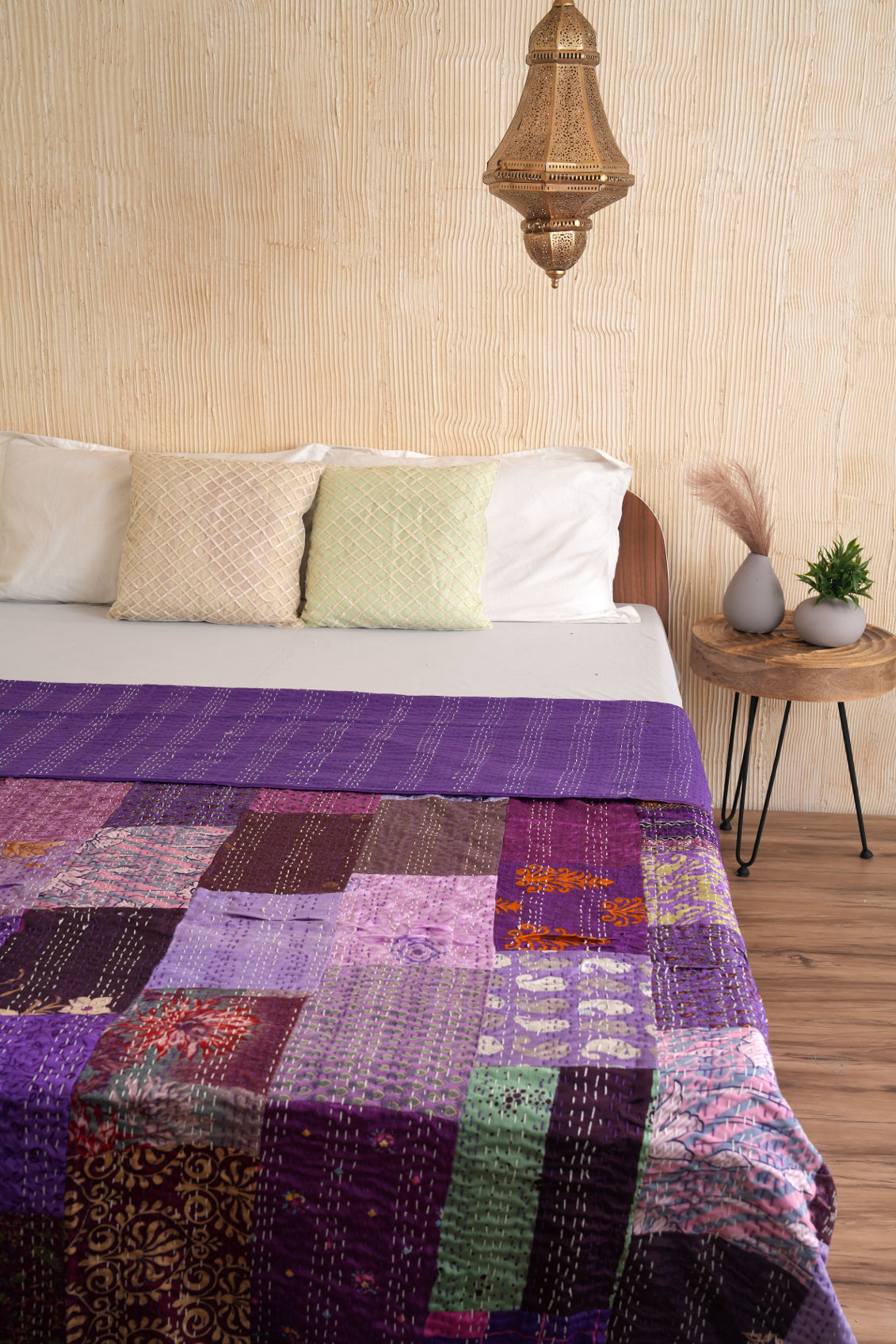 Silk Sari Kantha Quilt Purple Patchwork Bedspread