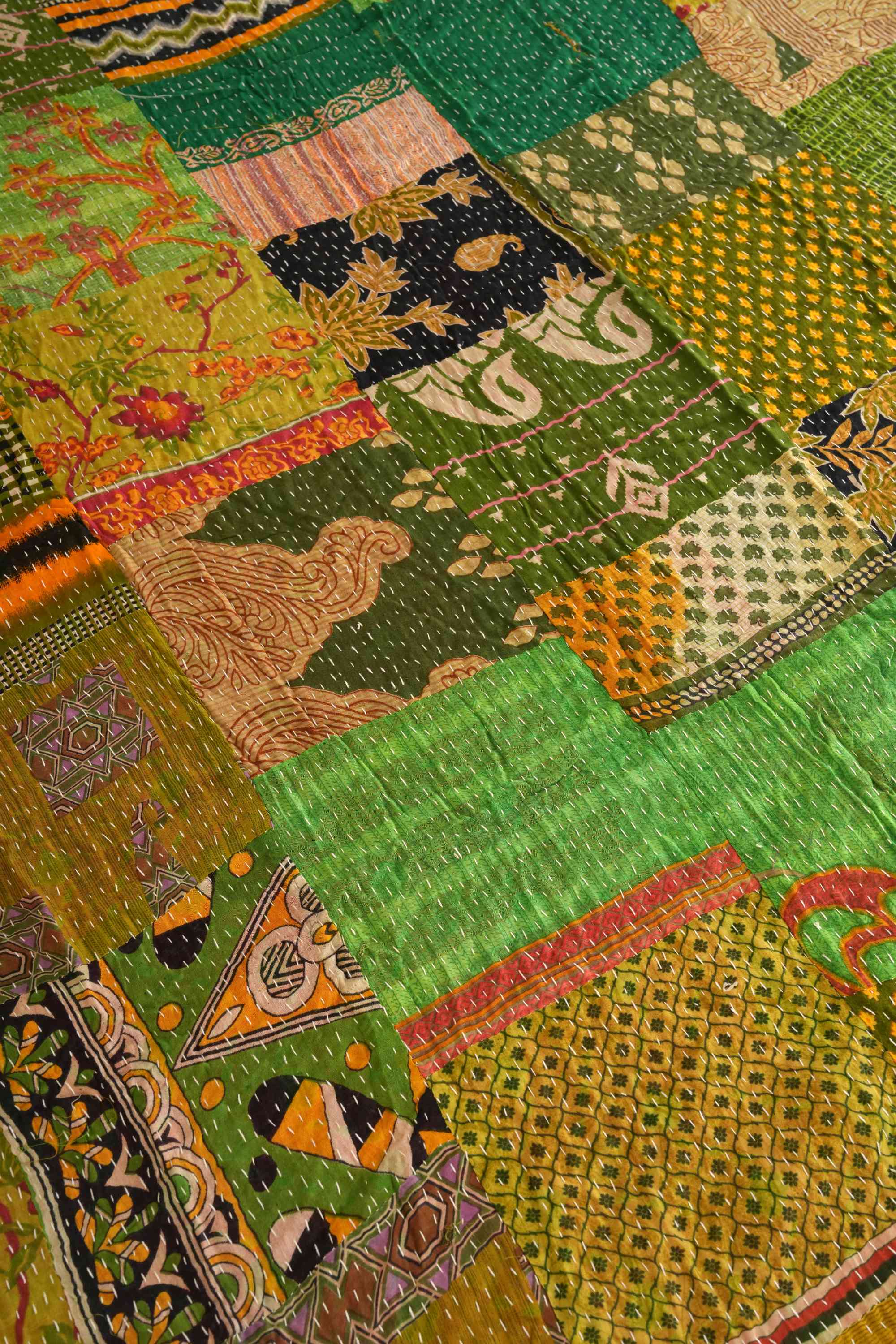 Green Handmade Cotton Vintage Patchwork Kantha Quilt