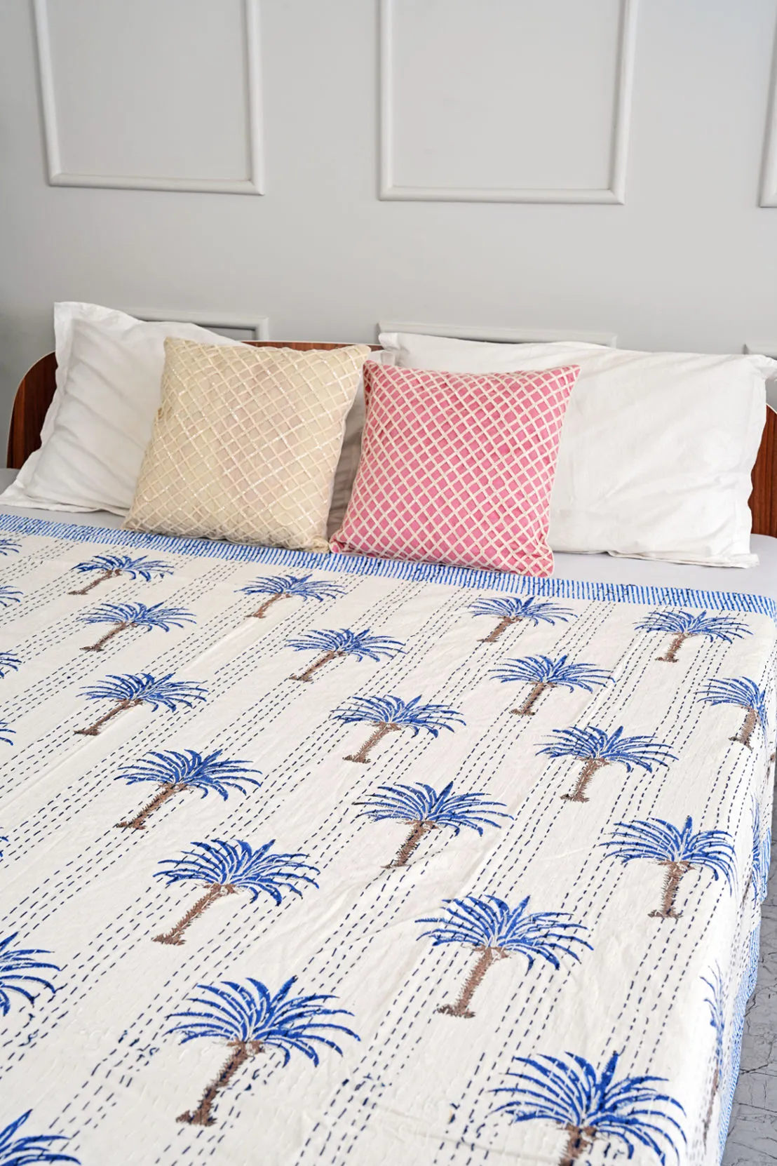 Blue Palm Tree Kantha Quilt