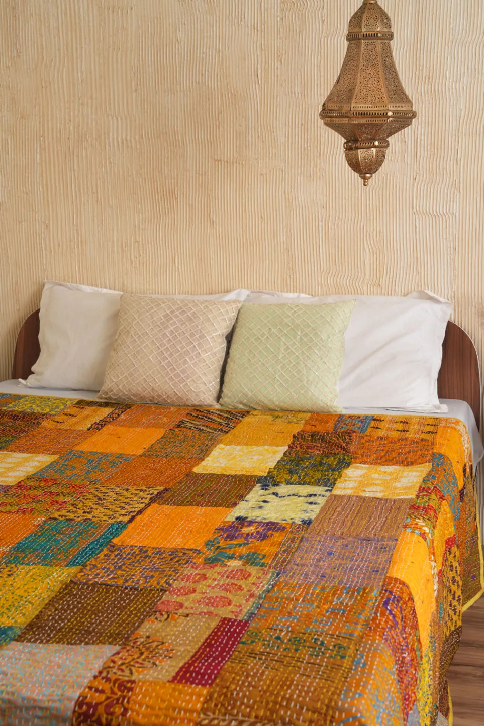 Vintage Silk Kantha Quilt, Handmade Patchwork Bedspread, Unique Textile Art