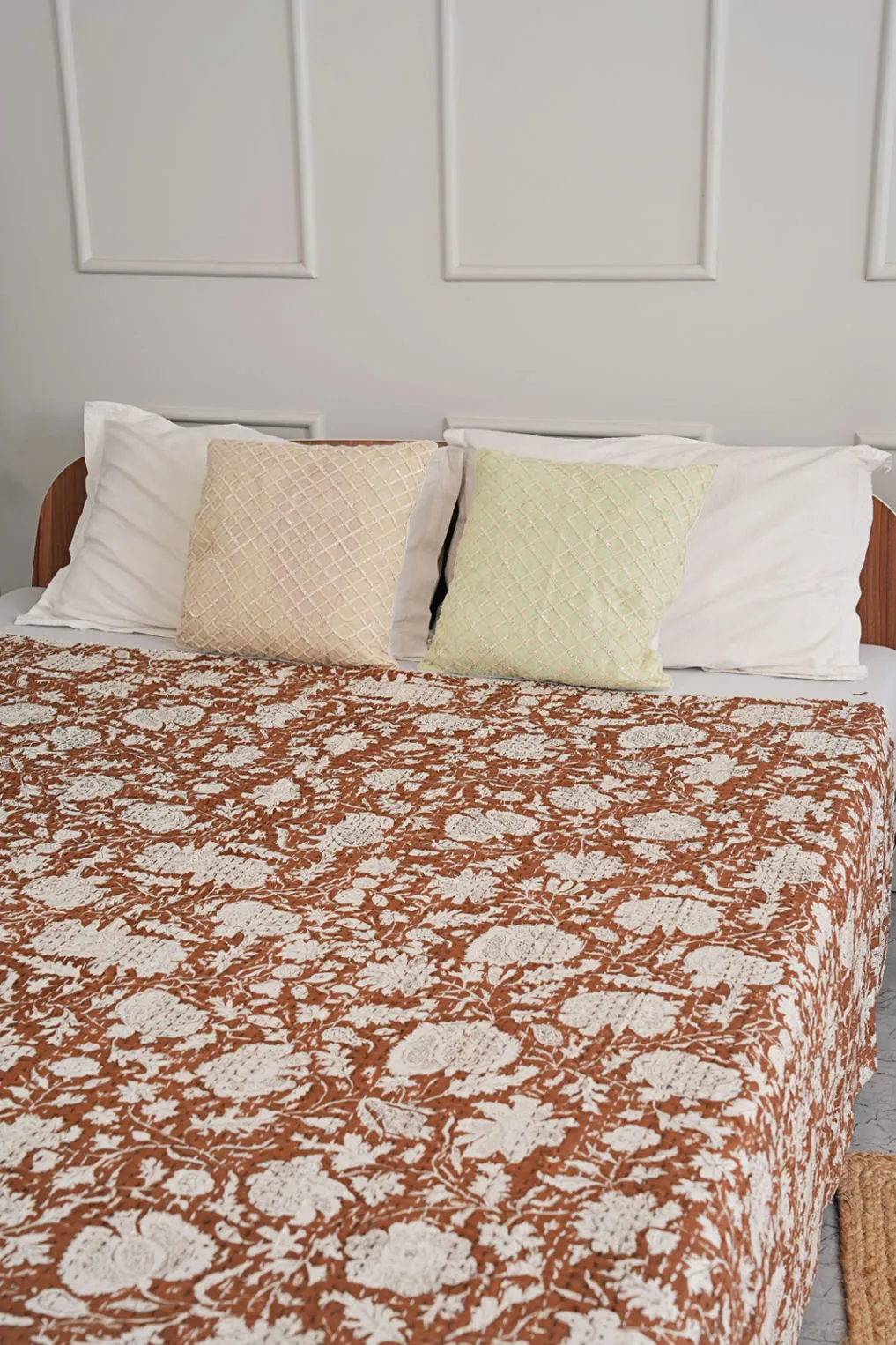 Brown Minimalist Hand Printed Indian Cotton Kantha Quilt