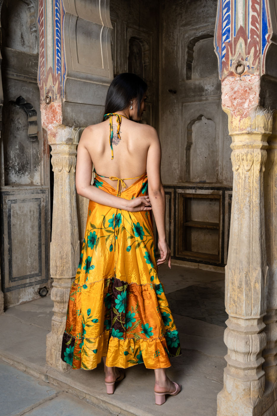 Open Back Silk Sari Maxi Dress - Brown & Yellow