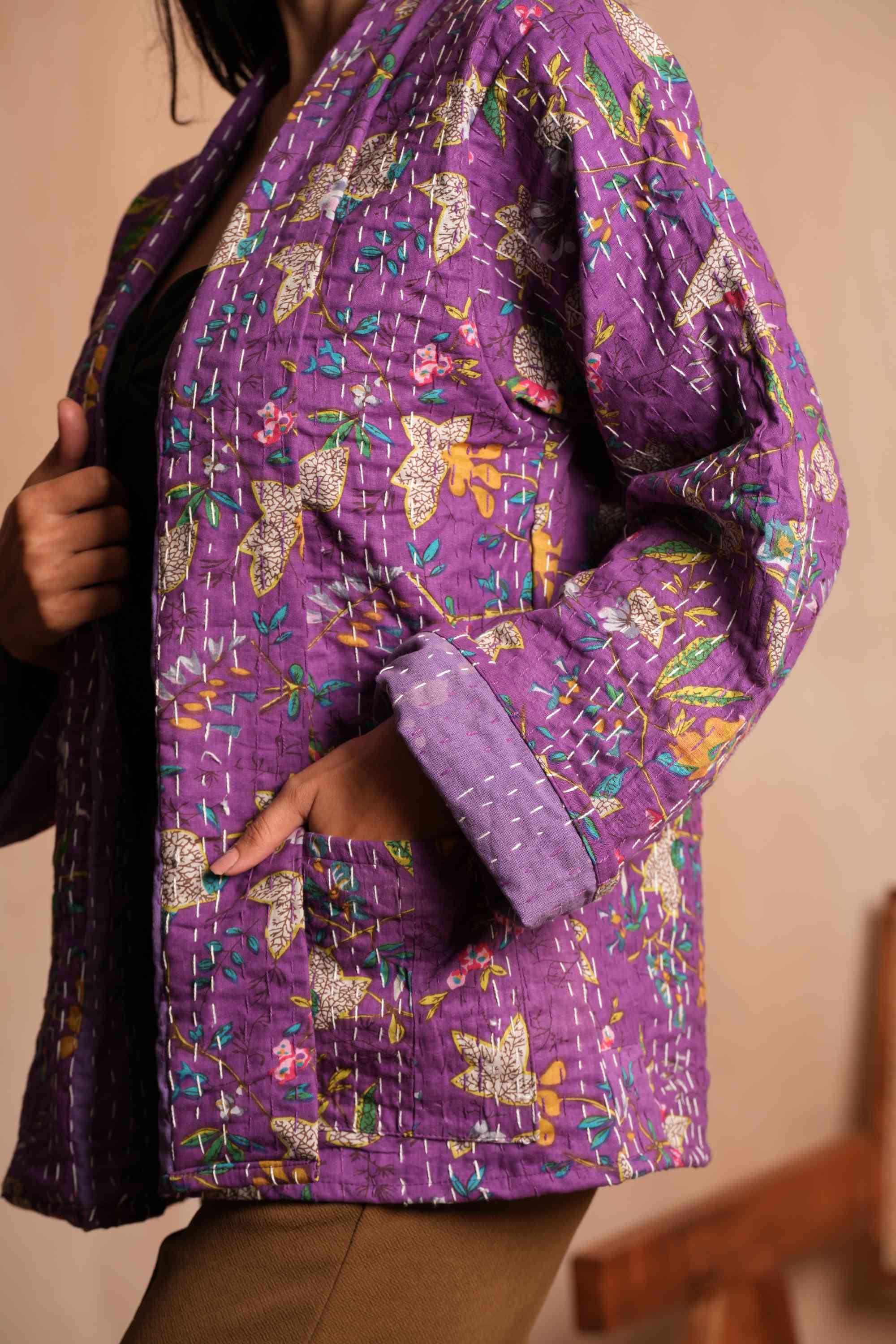 Handmade Flower Cotton Kantha Jacket Purple