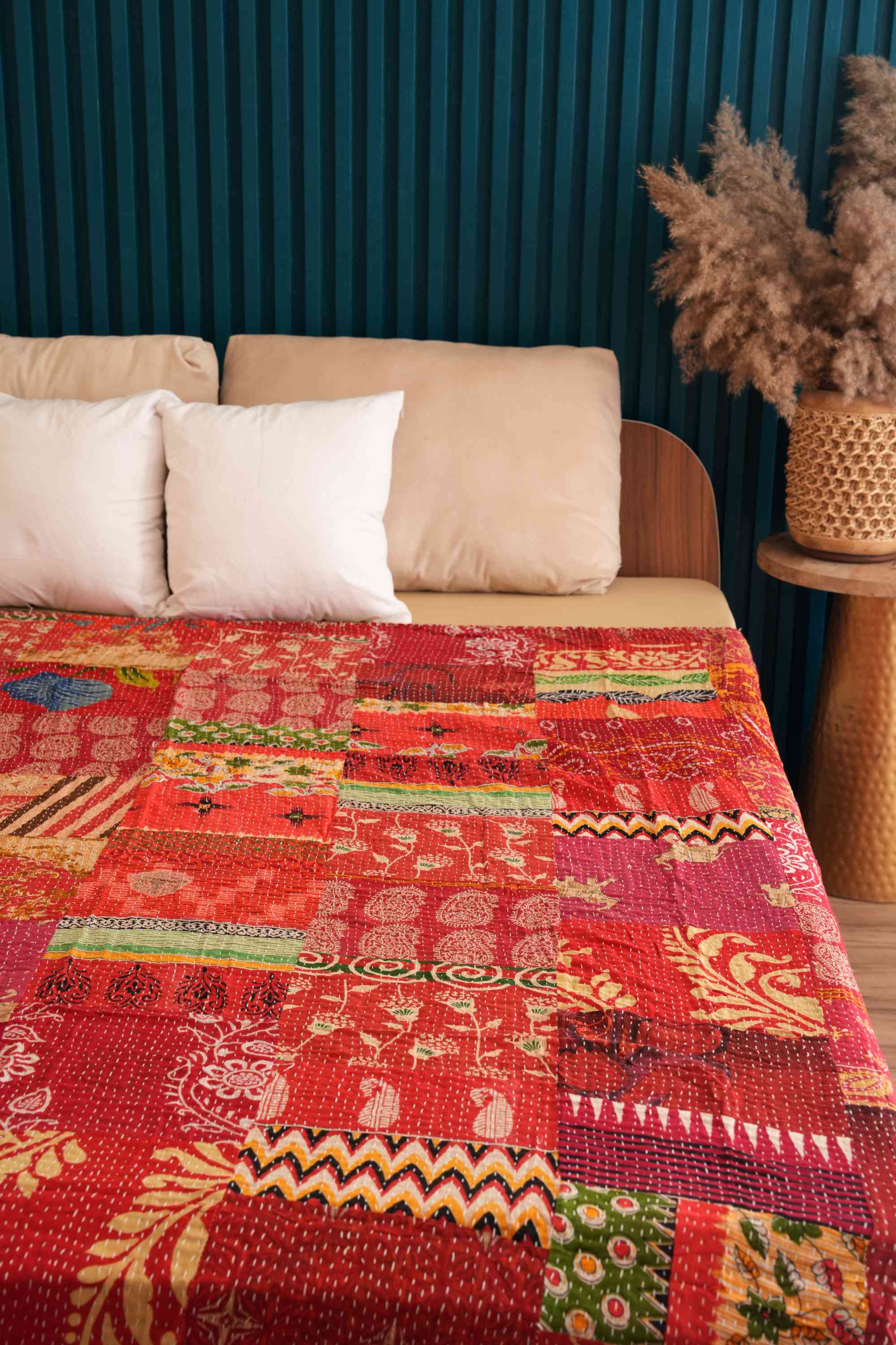 Handmade Cotton Red Vintage Patchwork Kantha Quilt