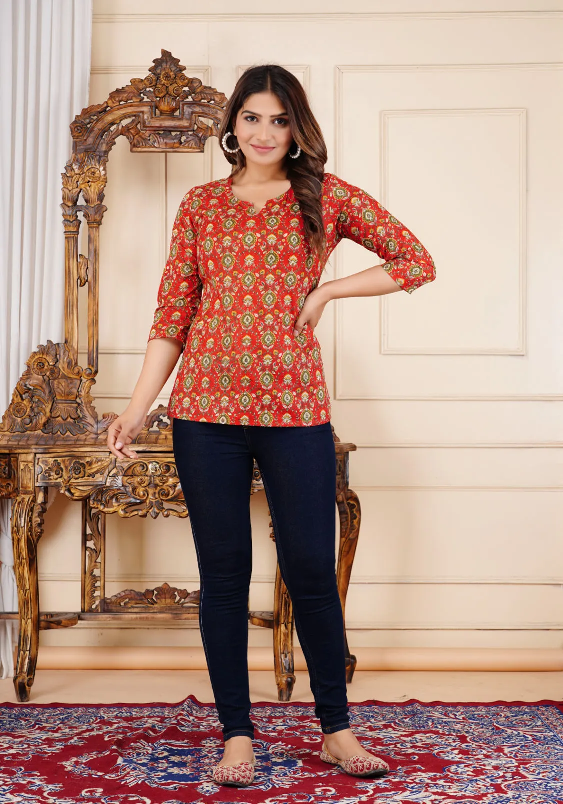 Casual Red Printed Top for Women