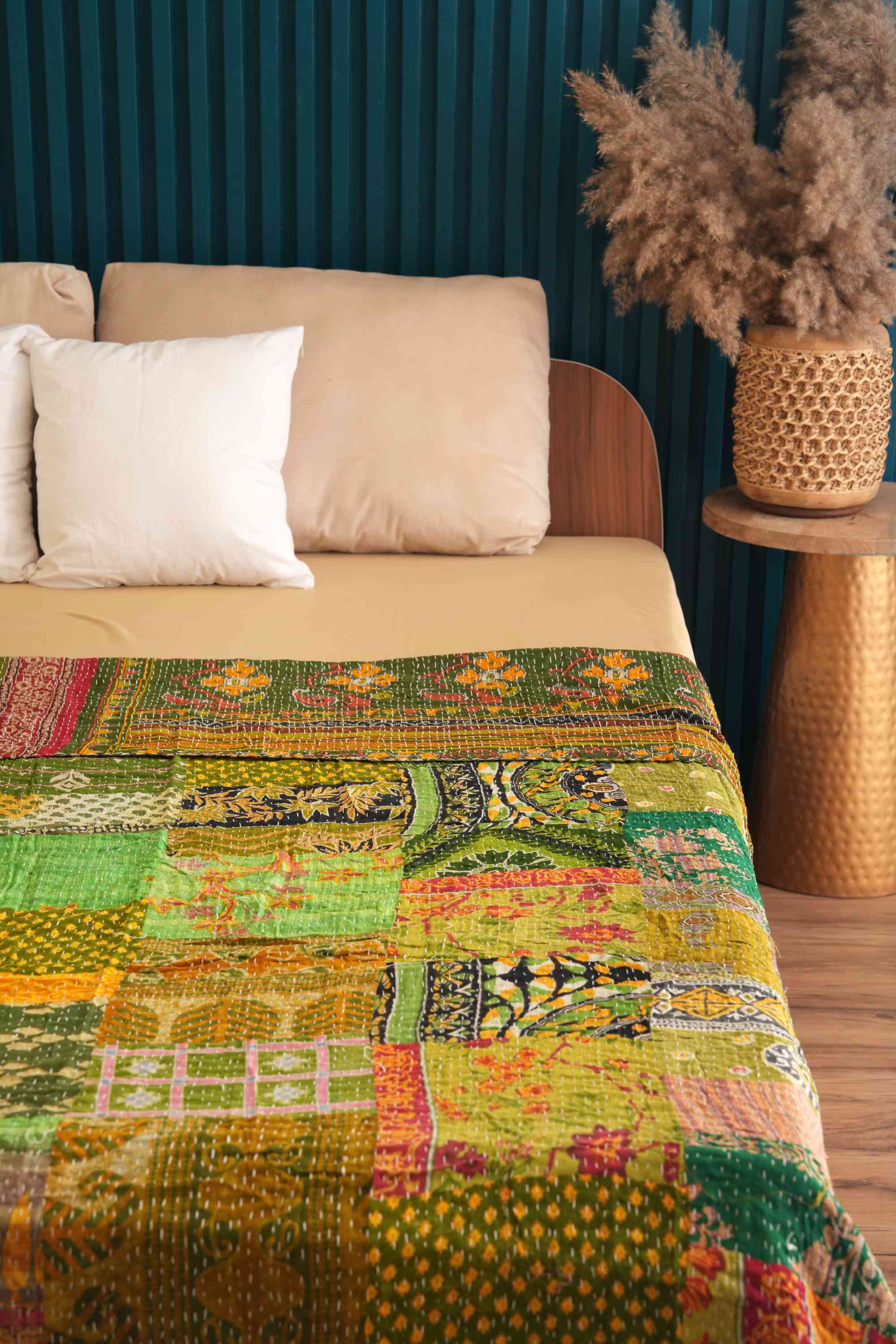 Green Handmade Cotton Vintage Patchwork Kantha Quilt