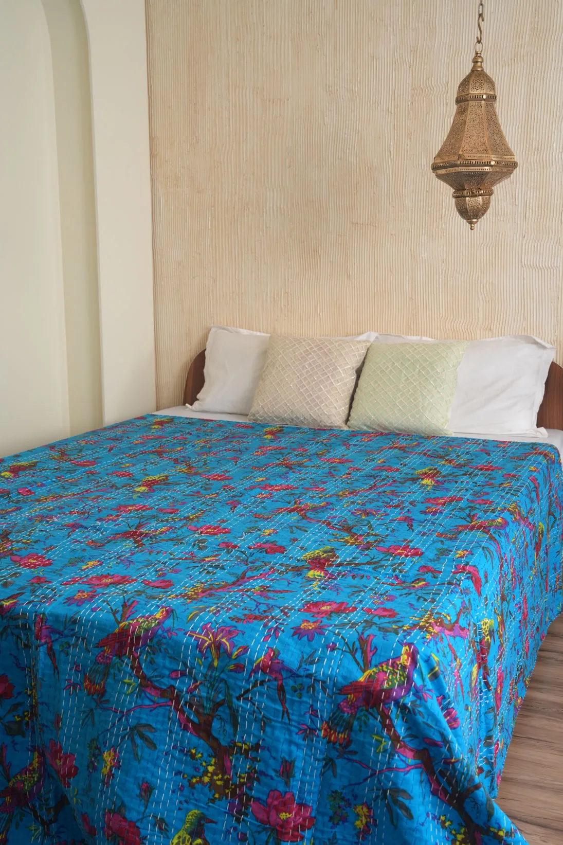 Turquoise Birds Floral Kantha Quilt