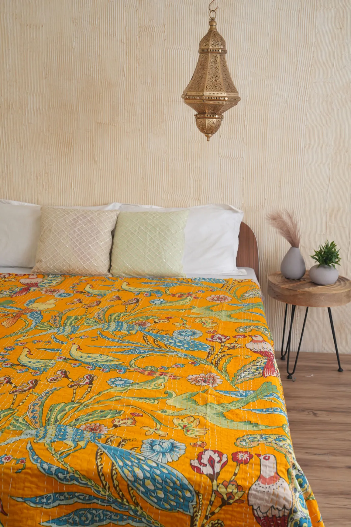 Peacock Kantha Quilt - Yellow