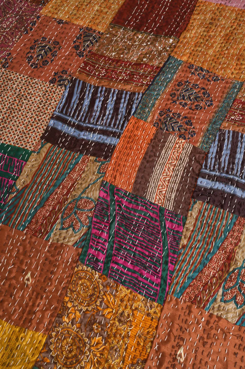 Brown Patchwork Vintage Silk Patola Kantha Quilt