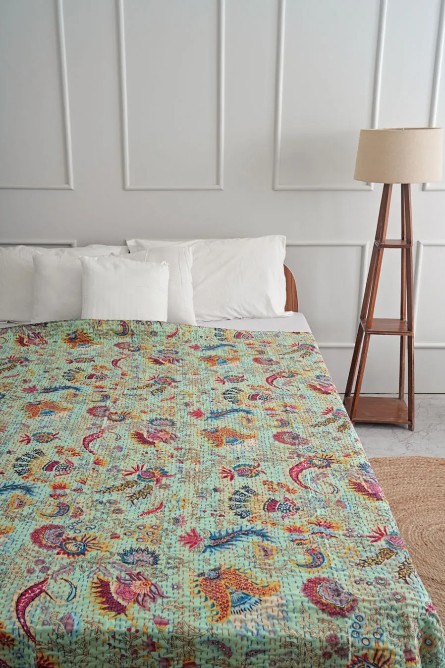 Green Wildflower Kantha Bedspread