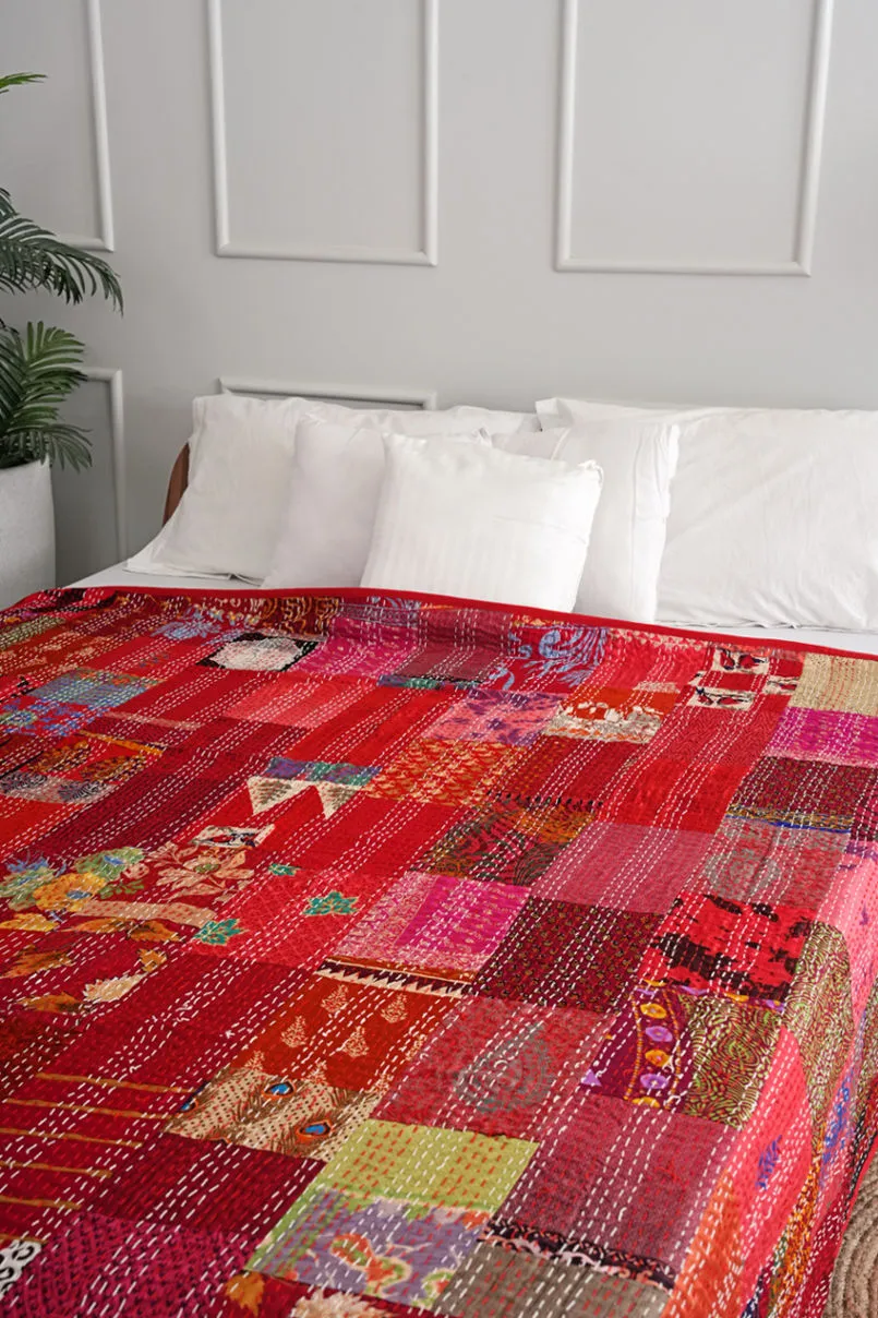 Red Vintage Silk Sari Kantha Bedspread