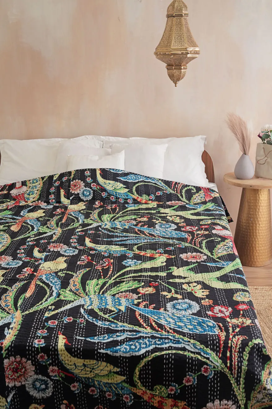 Peacock Kantha Bedspread - Black