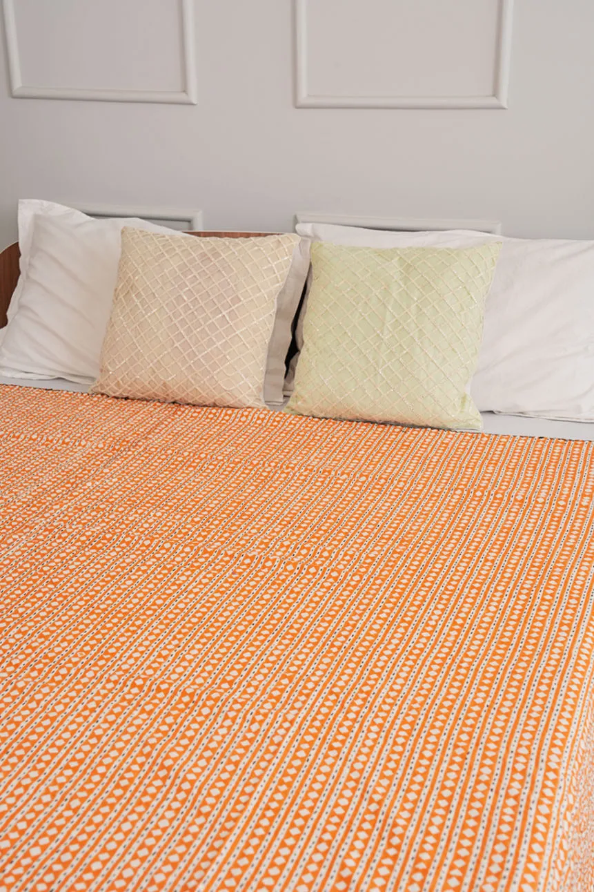 Traditional Hand Block Printed Orange Queen Diamond Kantha Quilt