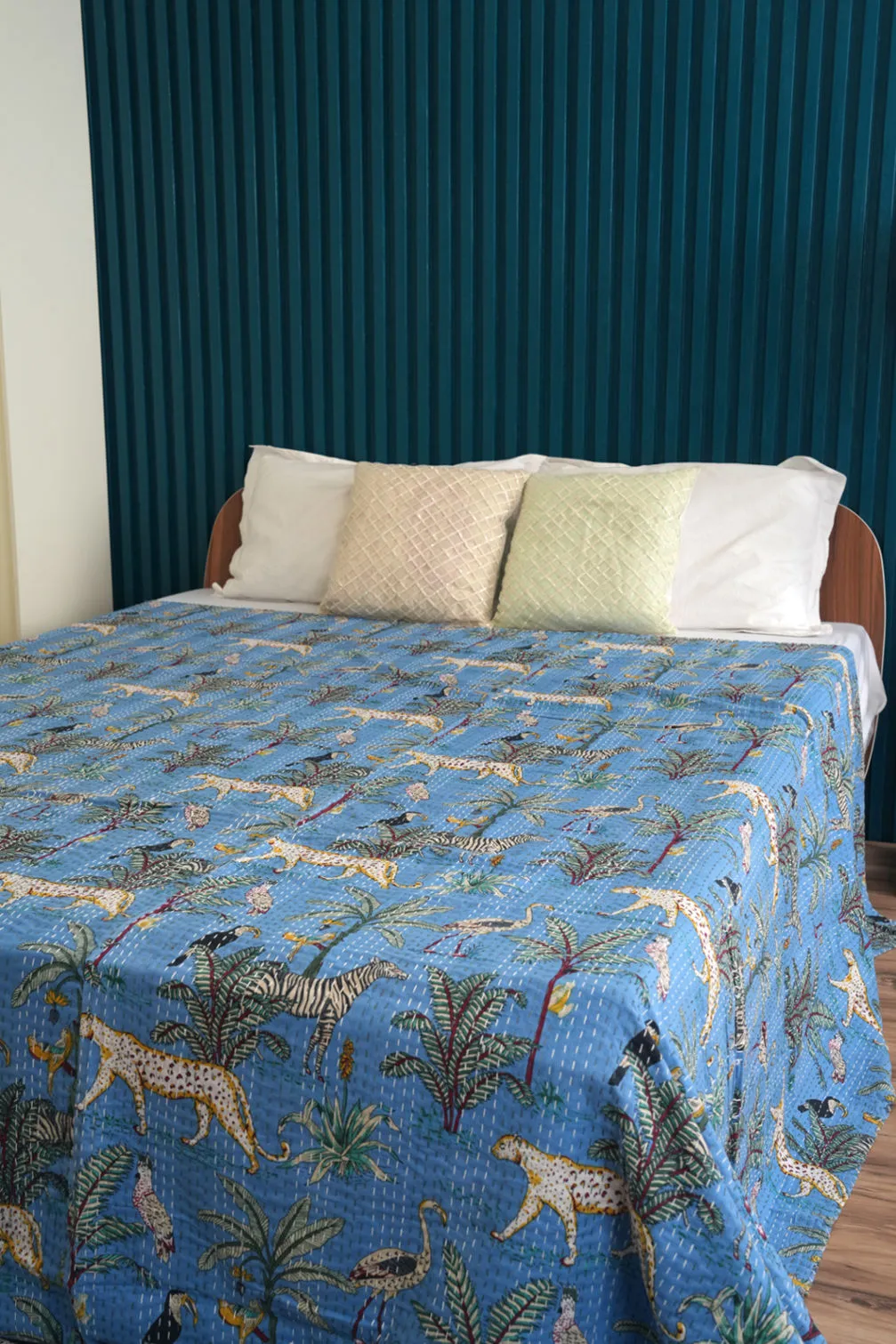 Blue Safari Cheetah Jungle Kantha Quilt