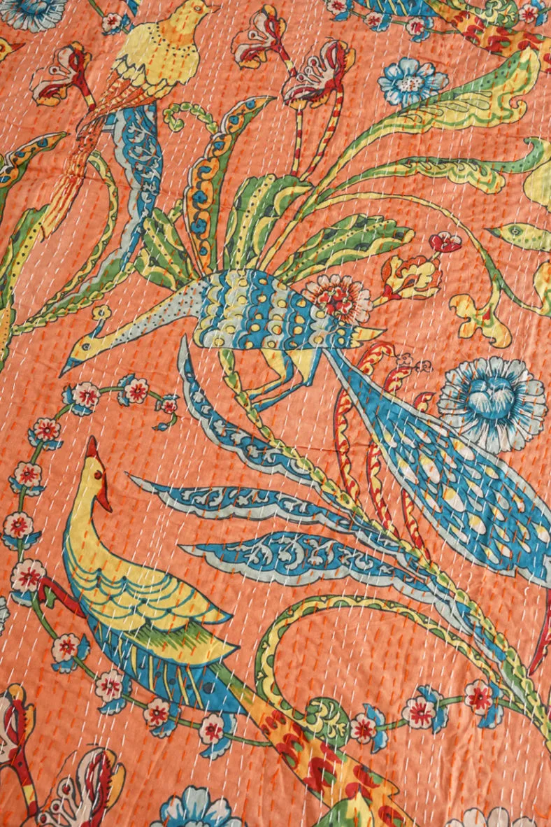 Peacock Kantha Quilt - Peach