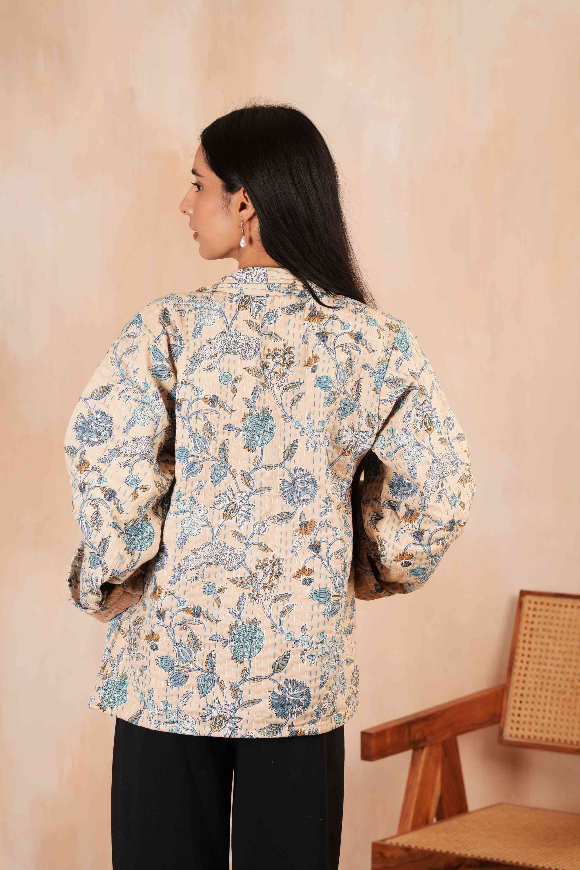 Beige Floral Printed Boho Kantha Jacket