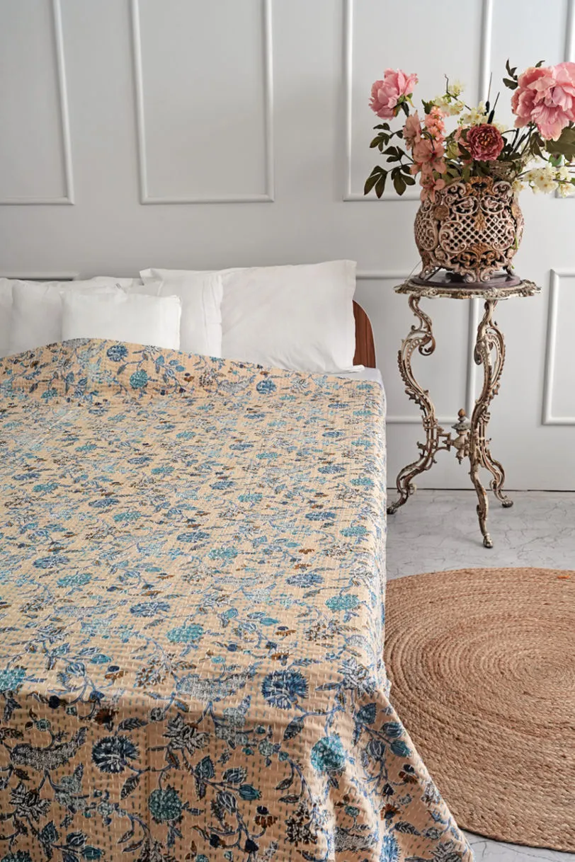 Beige Floral Queen Kantha Quilt