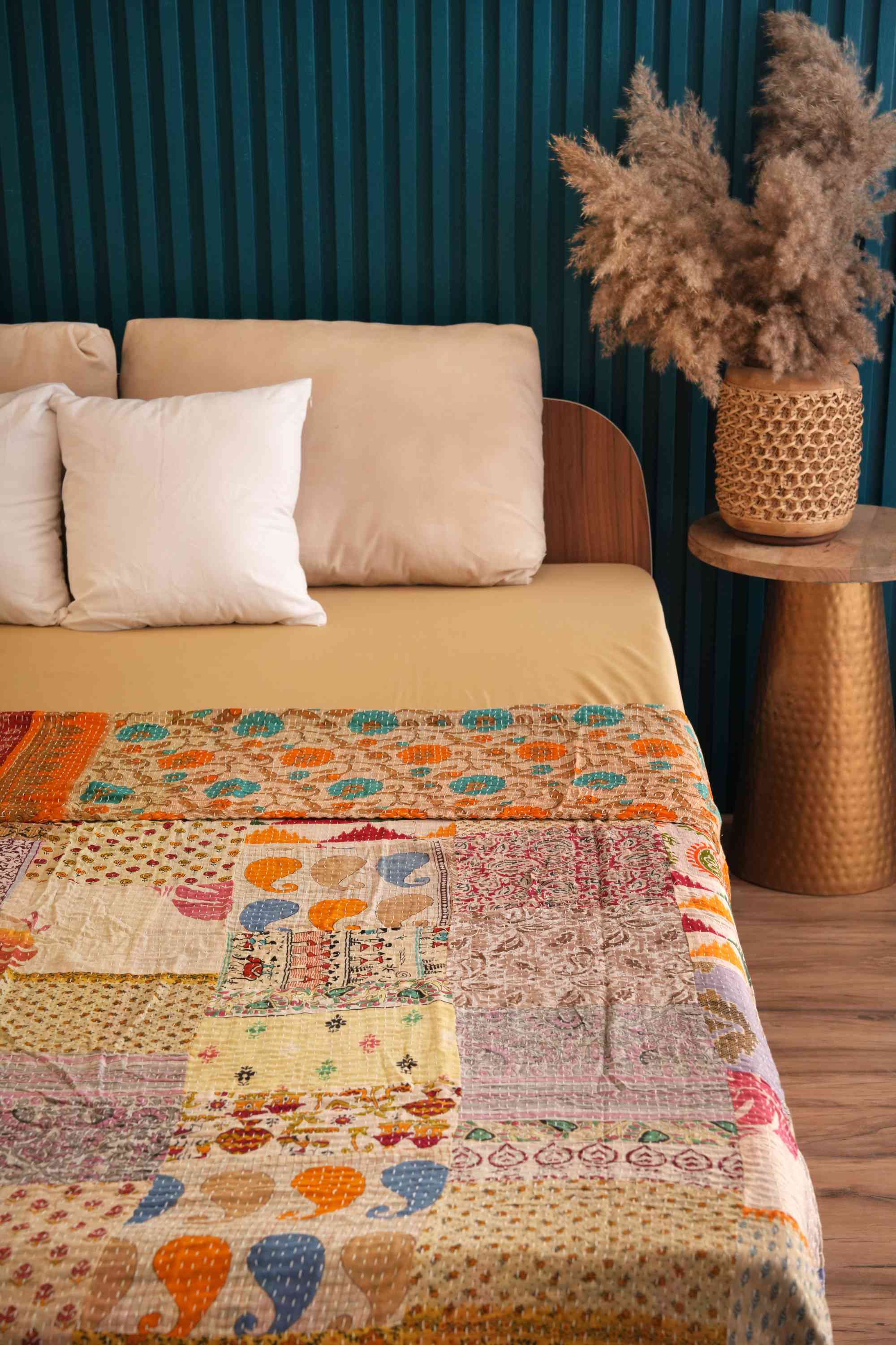 Handmade Beige Vintage Patchwork Kantha Quilt